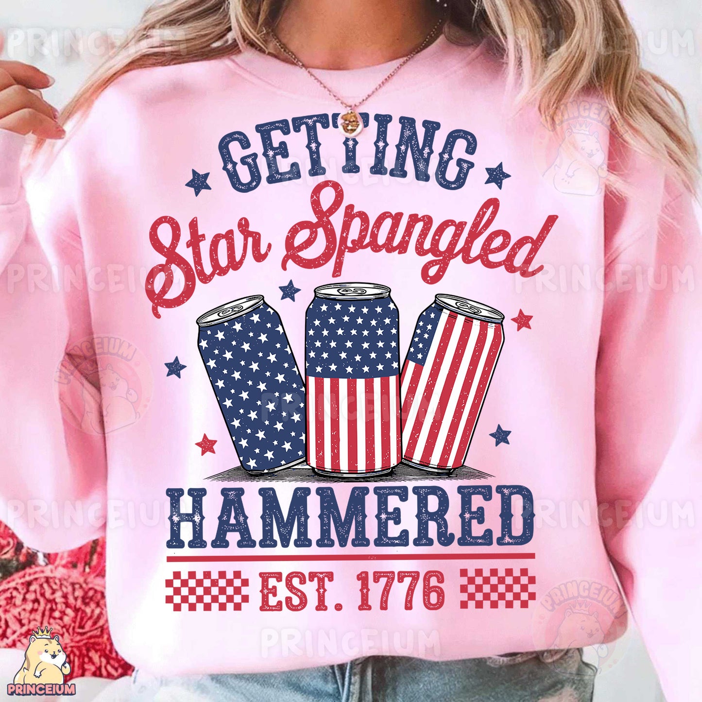 a woman wearing a pink sweatshirt with stars and stripes on it