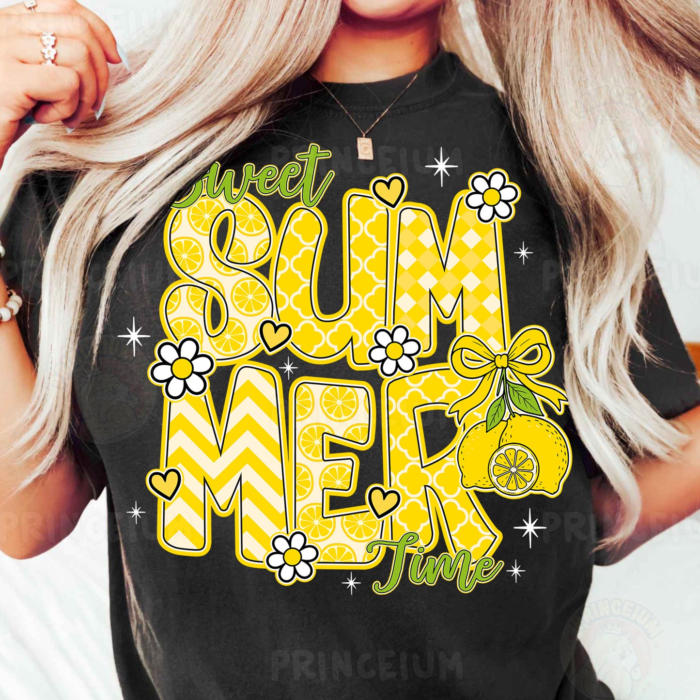 a woman wearing a t - shirt that says sweet summer lemons