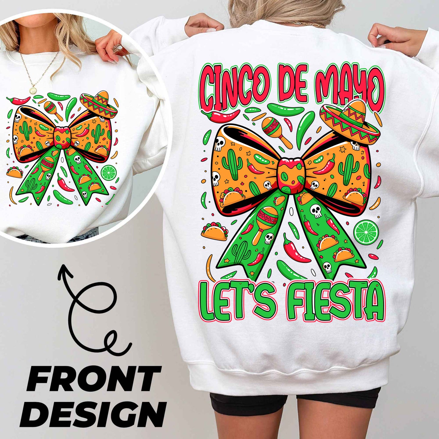 a woman wearing a sweatshirt with a bow on it