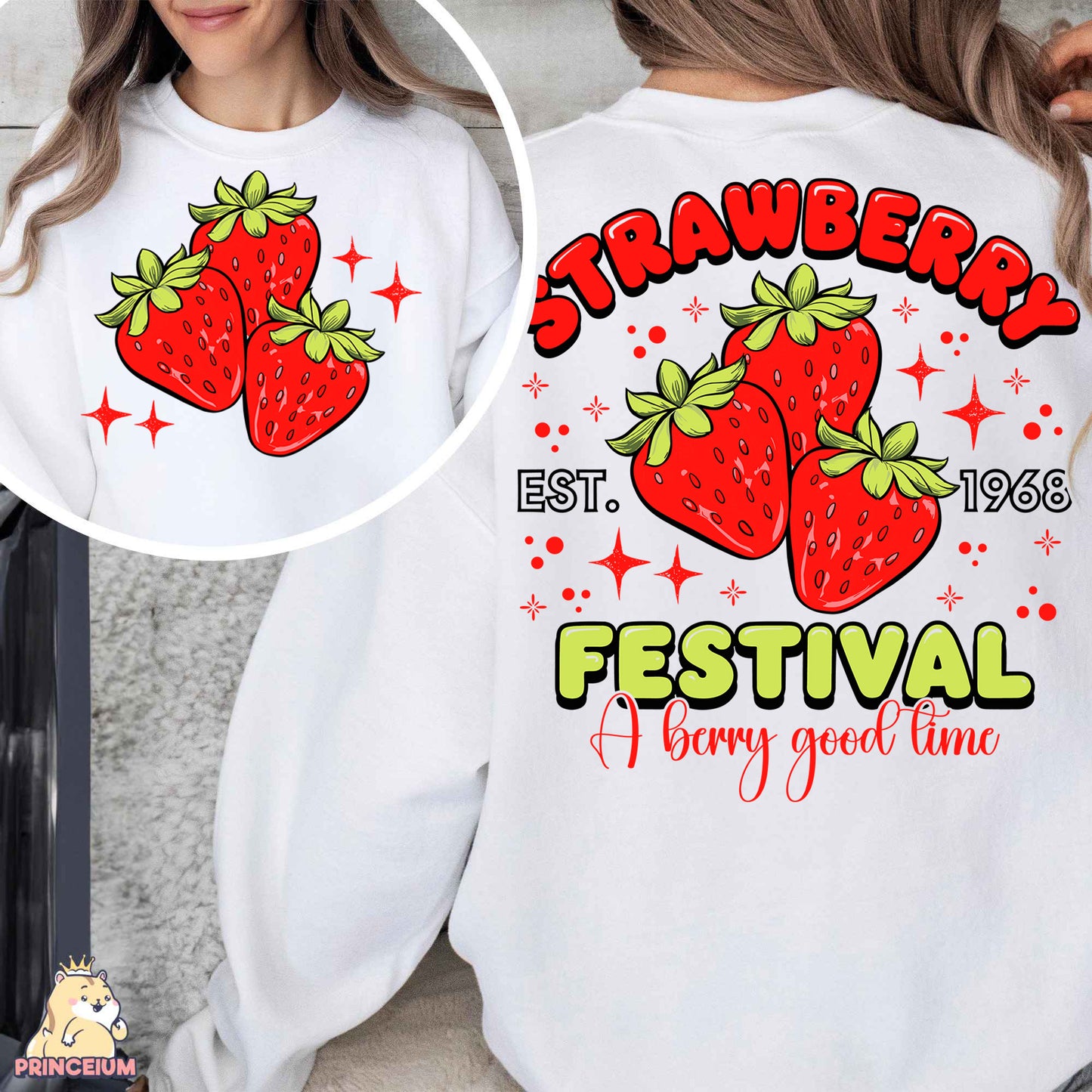 a woman wearing a white shirt with strawberries festival on it