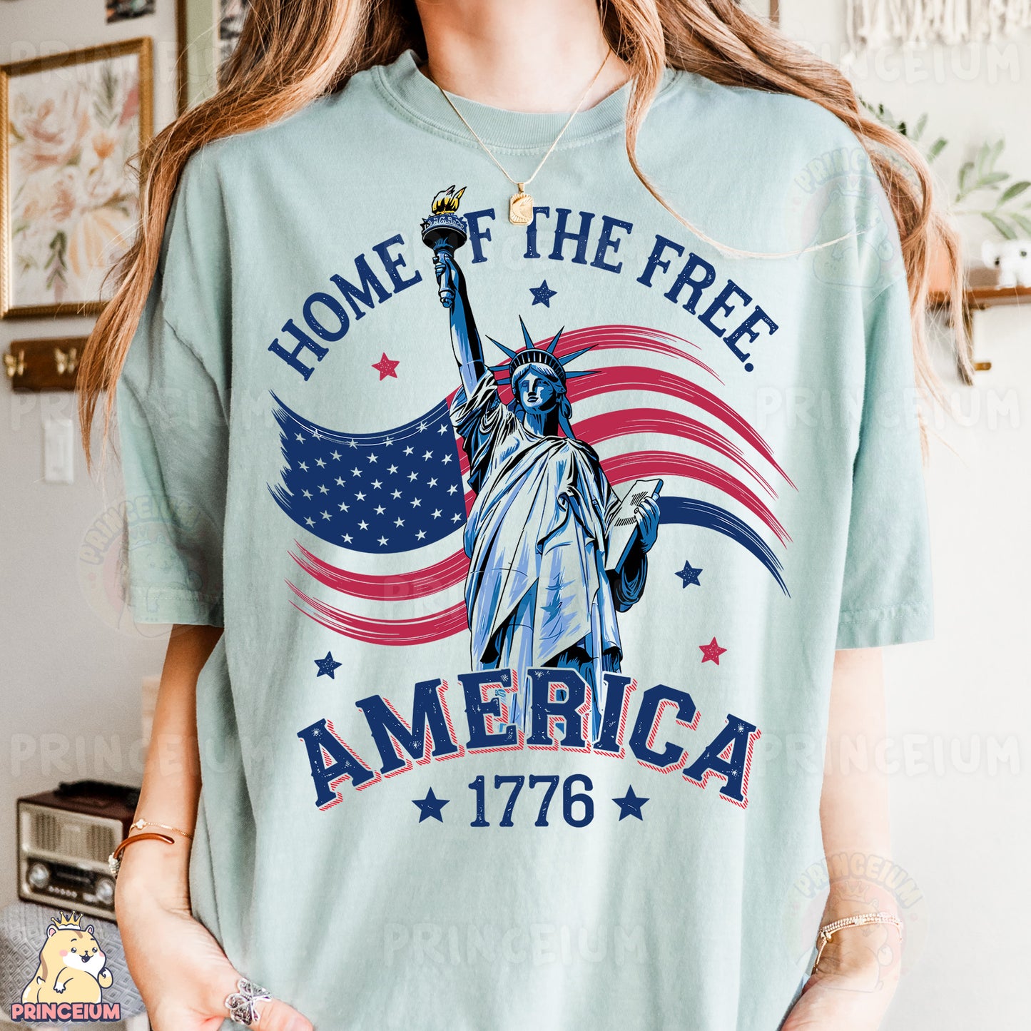 a woman wearing a t - shirt with the statue of liberty on it