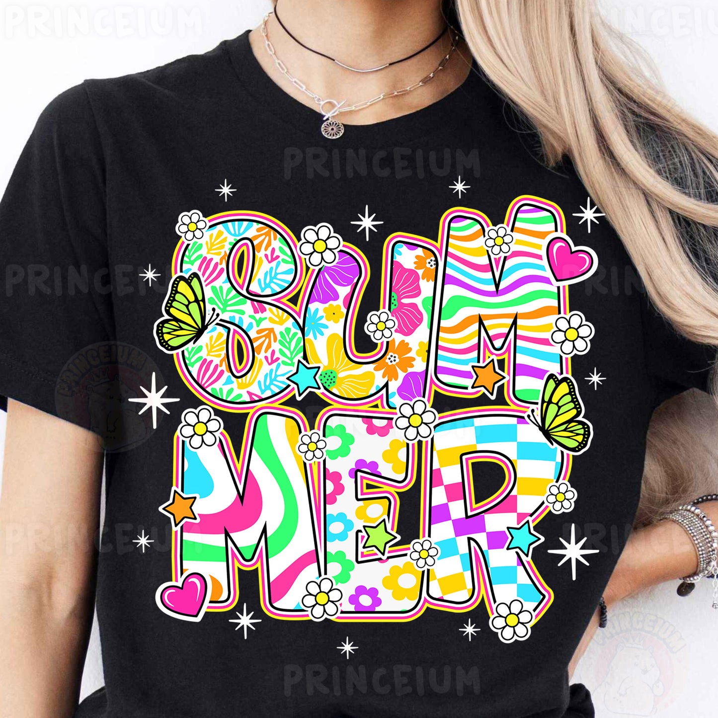 a woman wearing a black shirt with the word love in multicolored letters