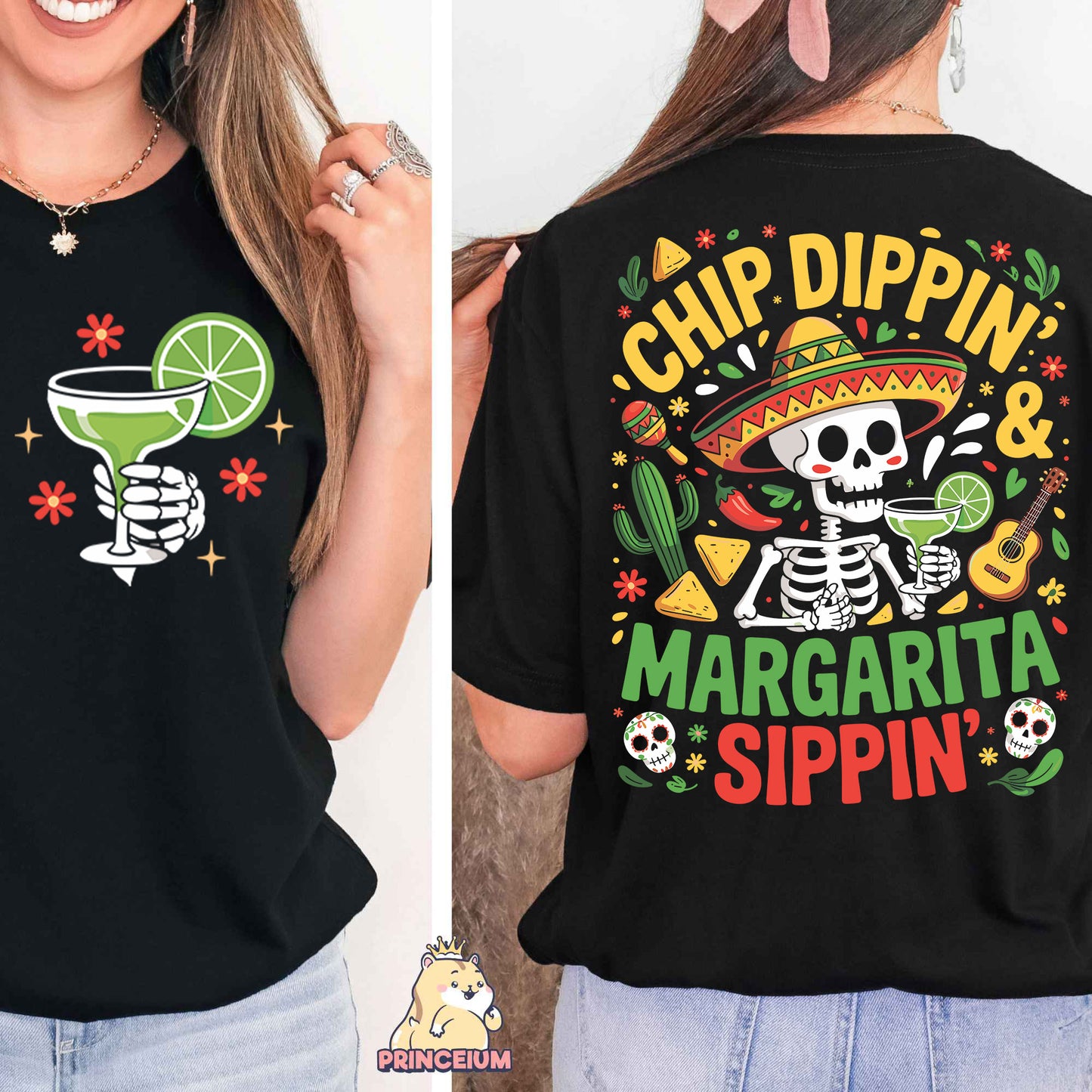 a woman wearing a black shirt that says chip dippin and margarita sipin