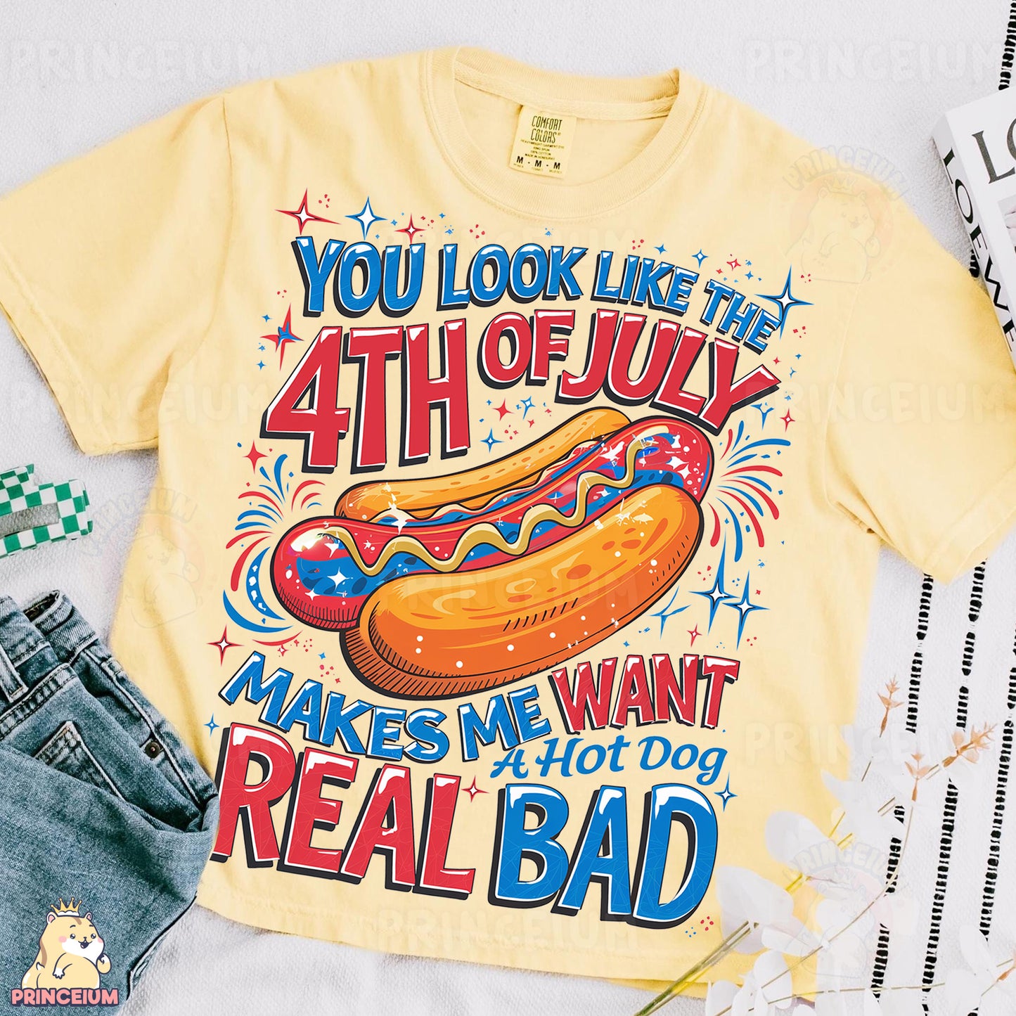 a yellow shirt with a hot dog on it
