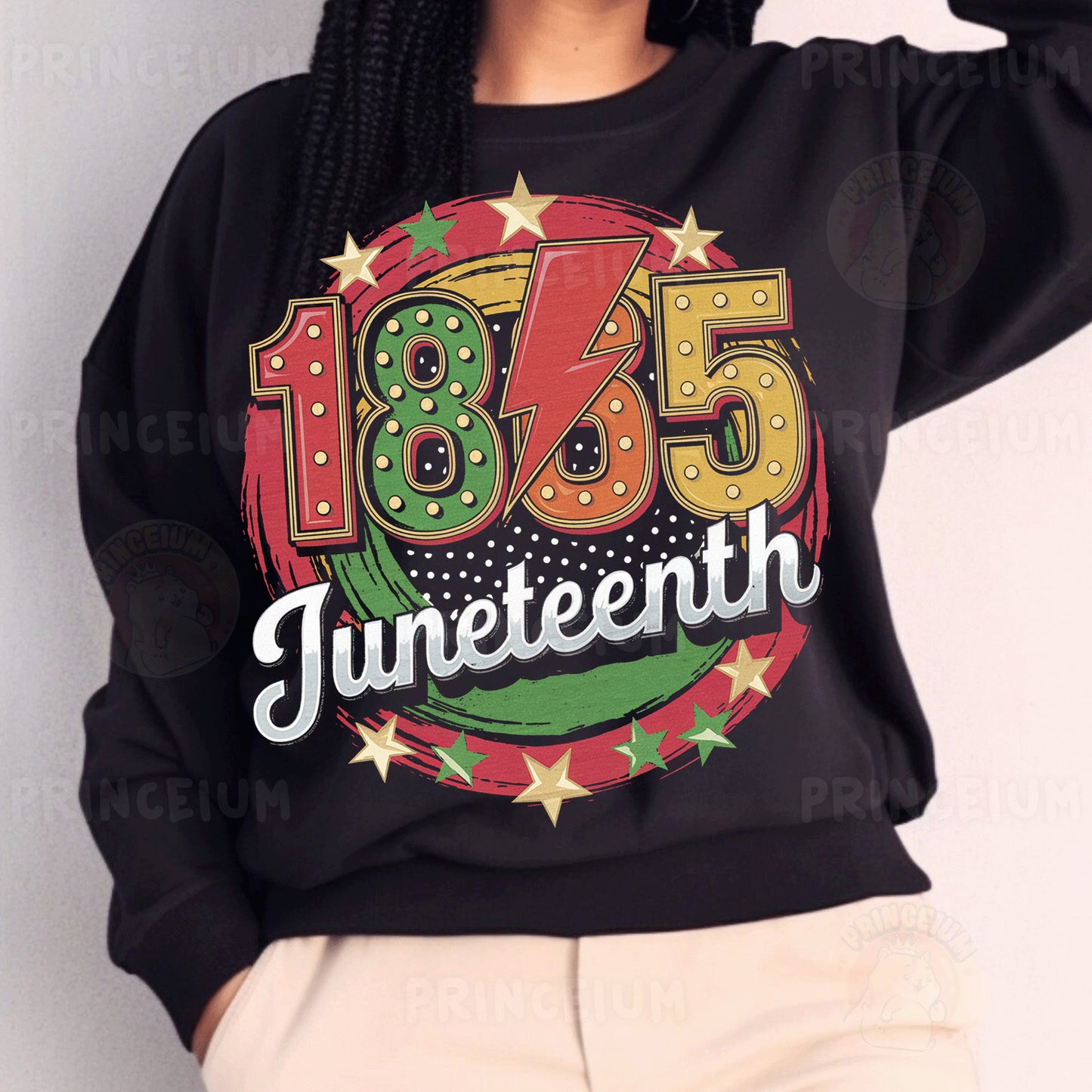 a woman wearing a black sweatshirt with the year 1965 printed on it
