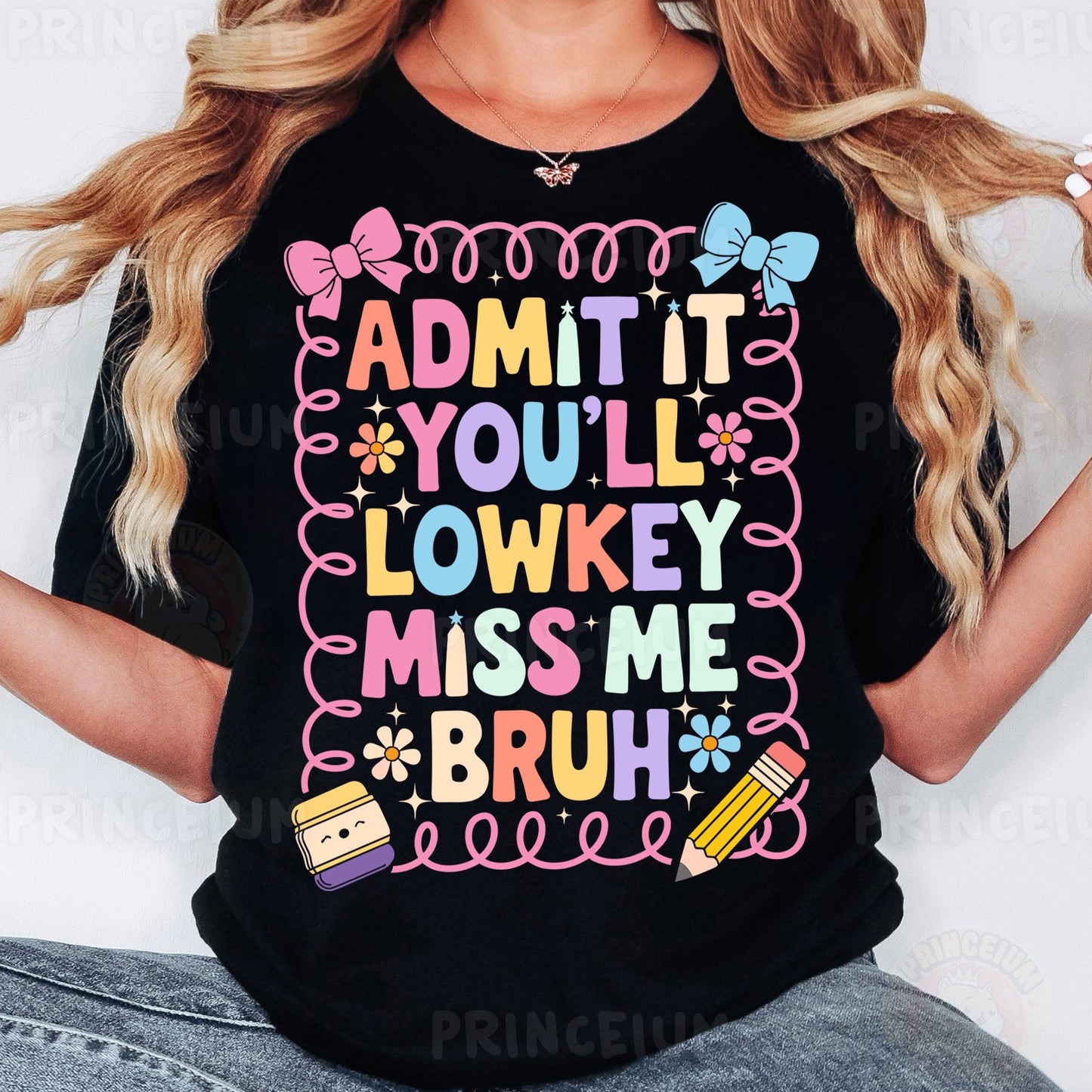 a woman wearing a t - shirt that says admit it you'll lowk