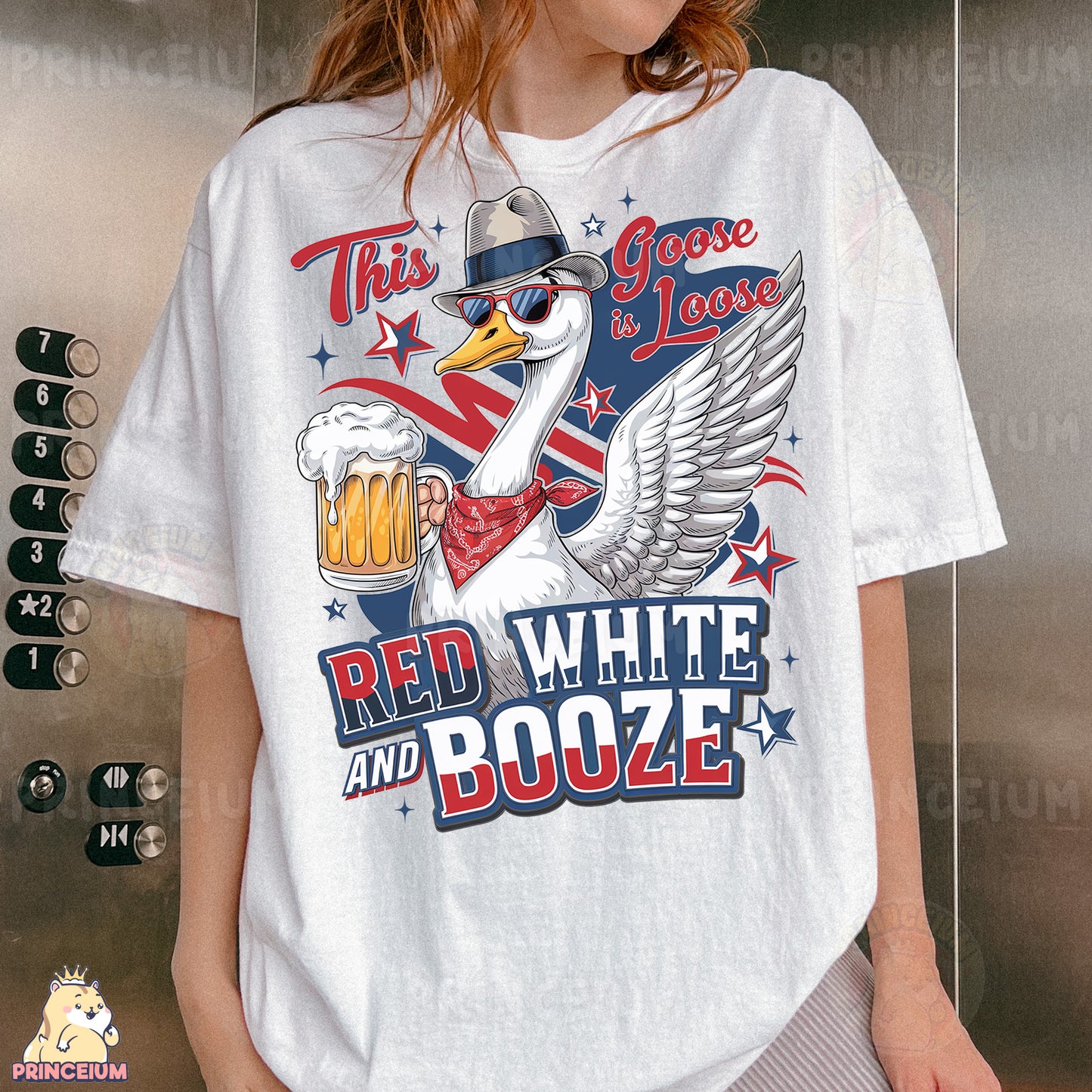 a woman wearing a red white and booze t - shirt