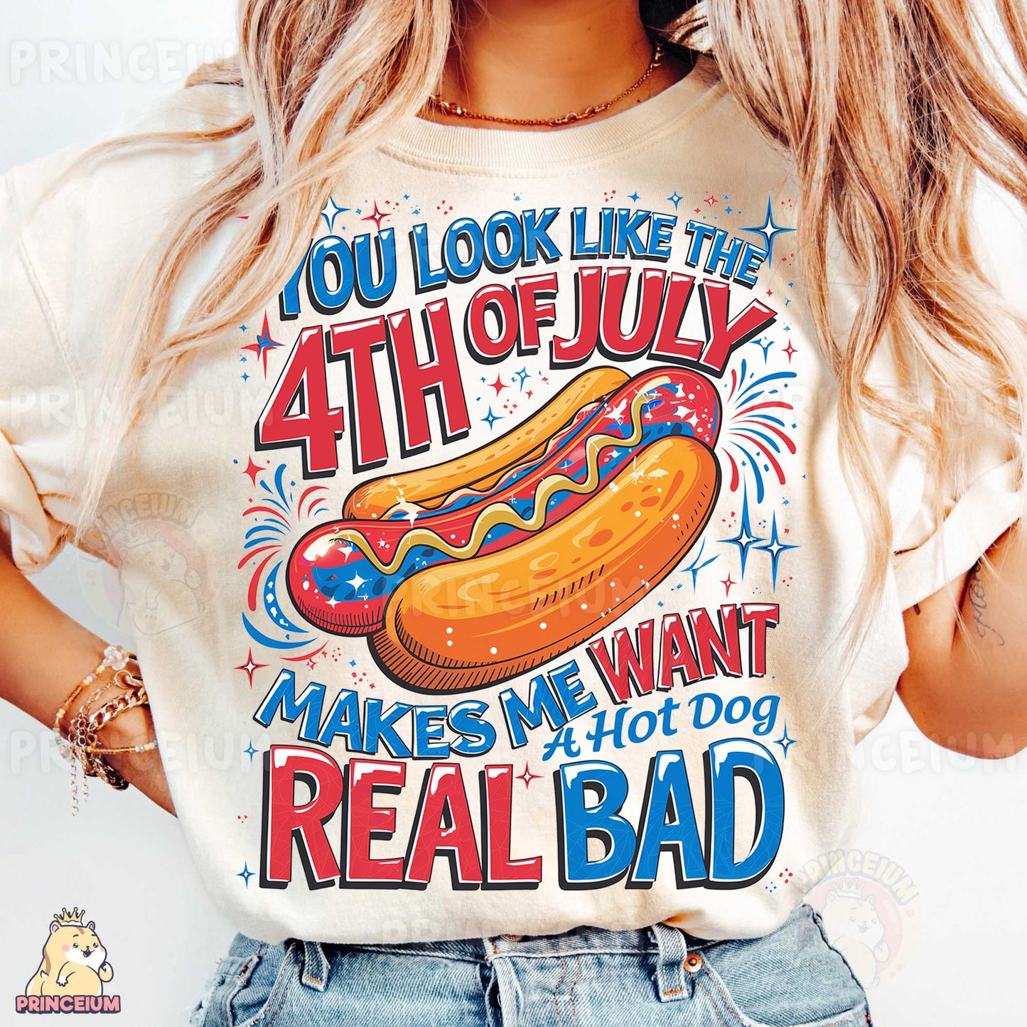 a woman wearing a t - shirt with a hot dog on it