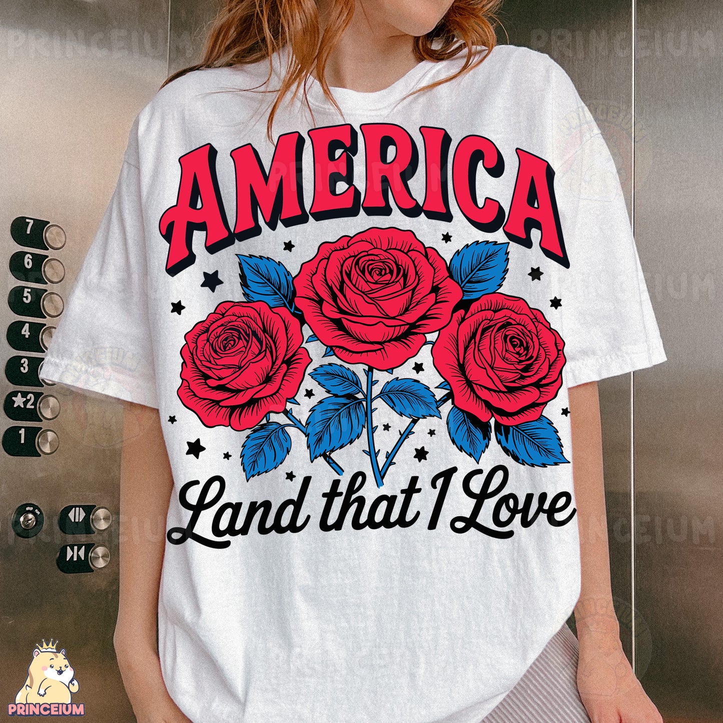 a woman wearing a white america land that i love t - shirt