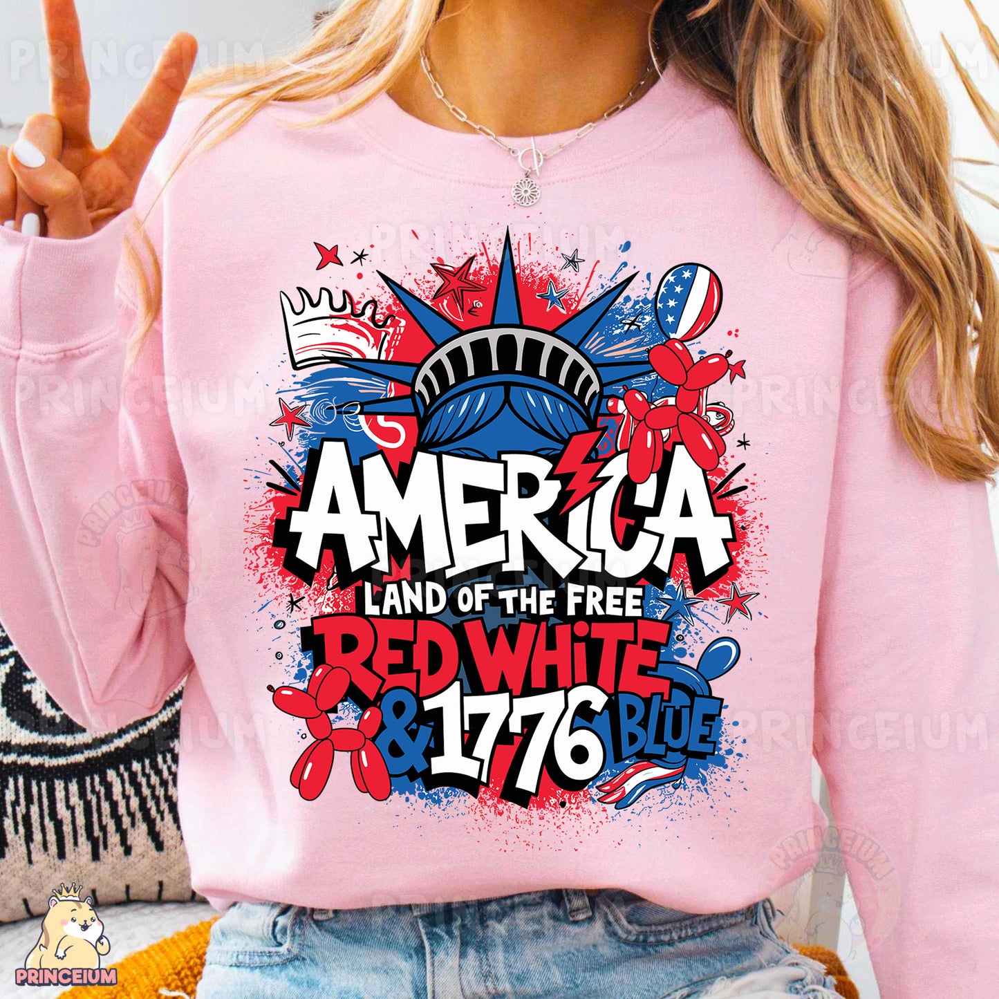 a woman wearing a pink sweatshirt that says america land of the free red white and