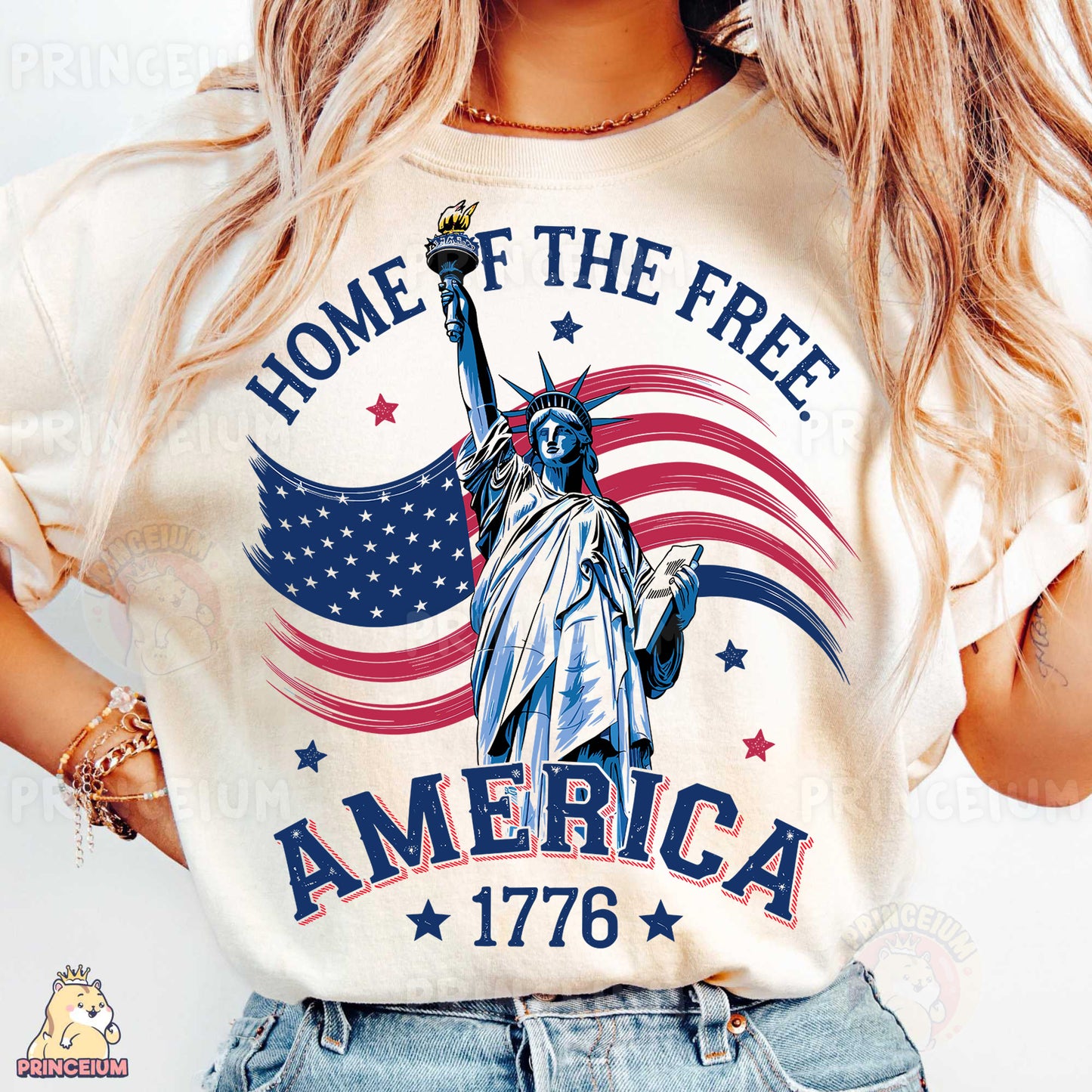a woman wearing a t - shirt with the statue of liberty on it