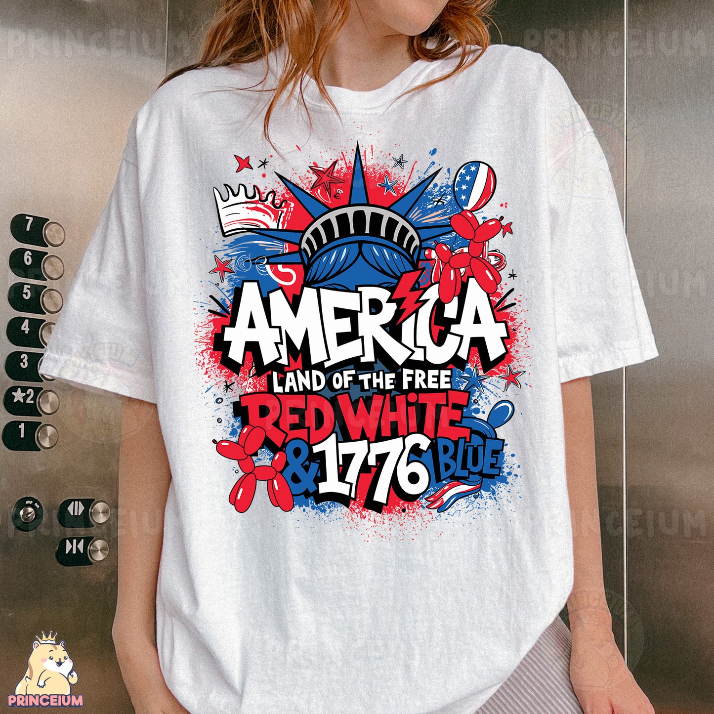 a woman wearing a t - shirt that says america land of the free red,