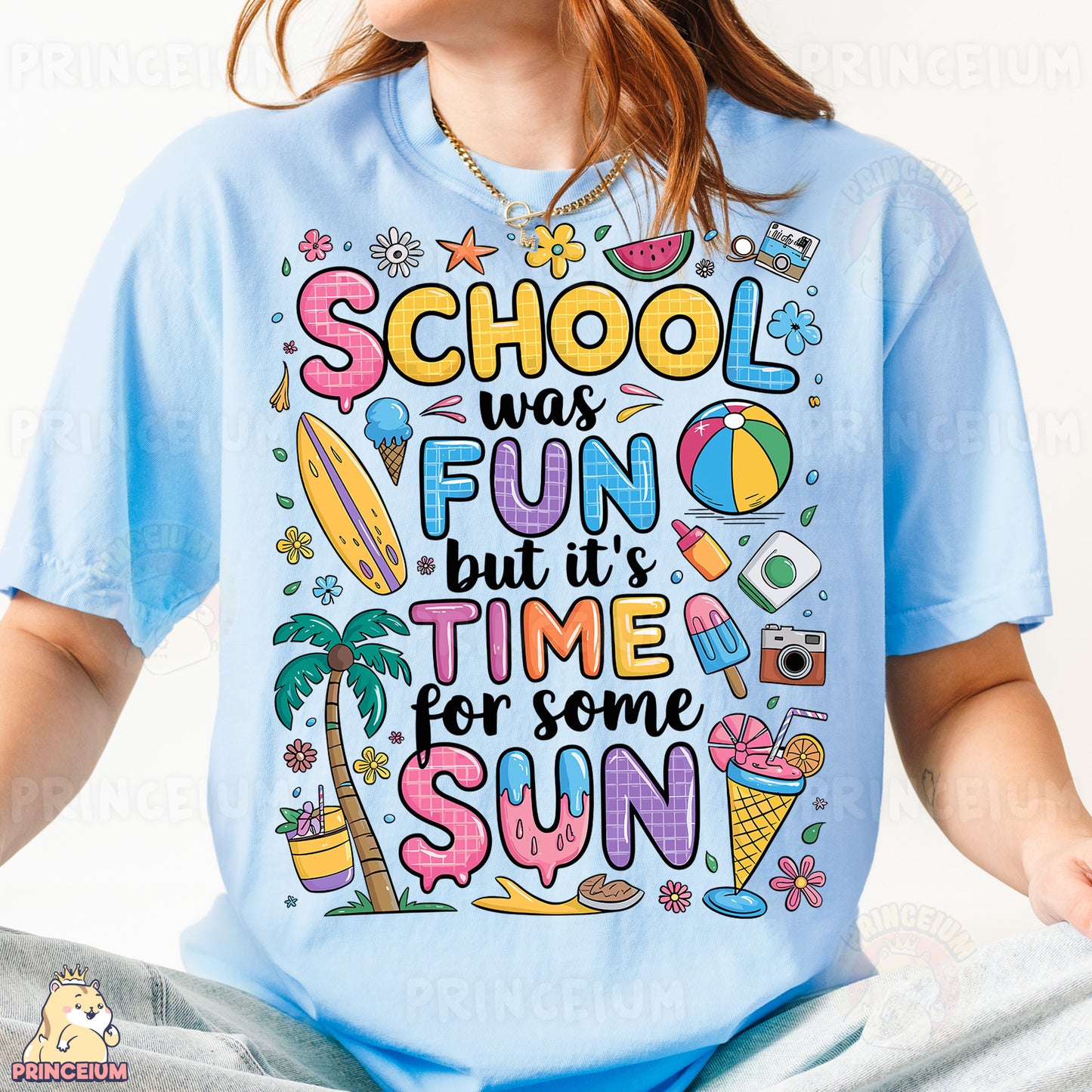 a young girl wearing a blue school shirt