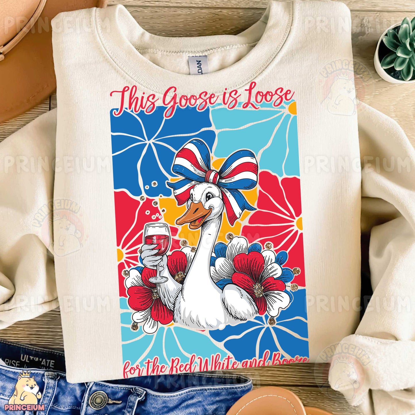 a t - shirt with a goose holding a glass of wine