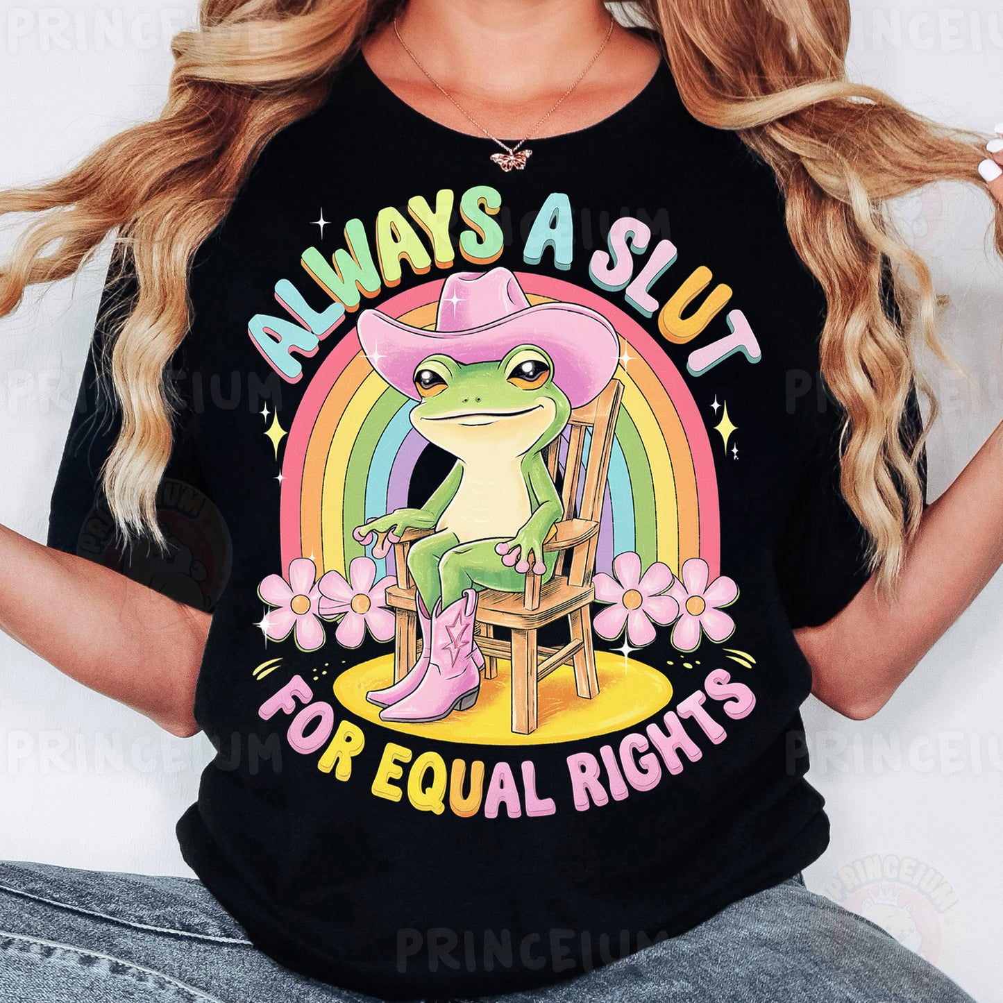 a woman wearing a black shirt that says always a slut or equal rights