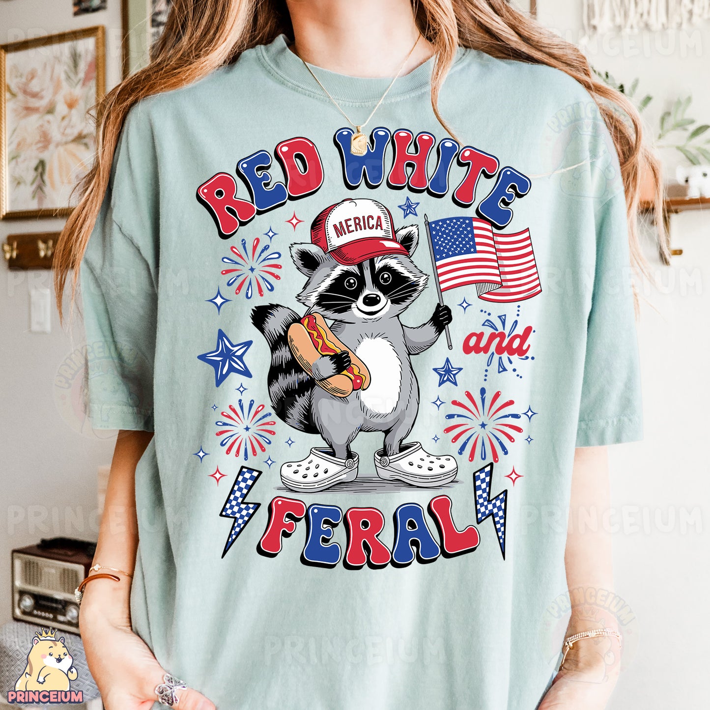 a woman wearing a red, white, and blue shirt with a raccoon