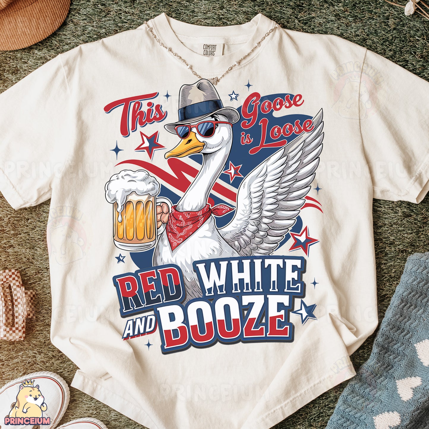 a white t - shirt with a picture of a goose wearing a fedora and