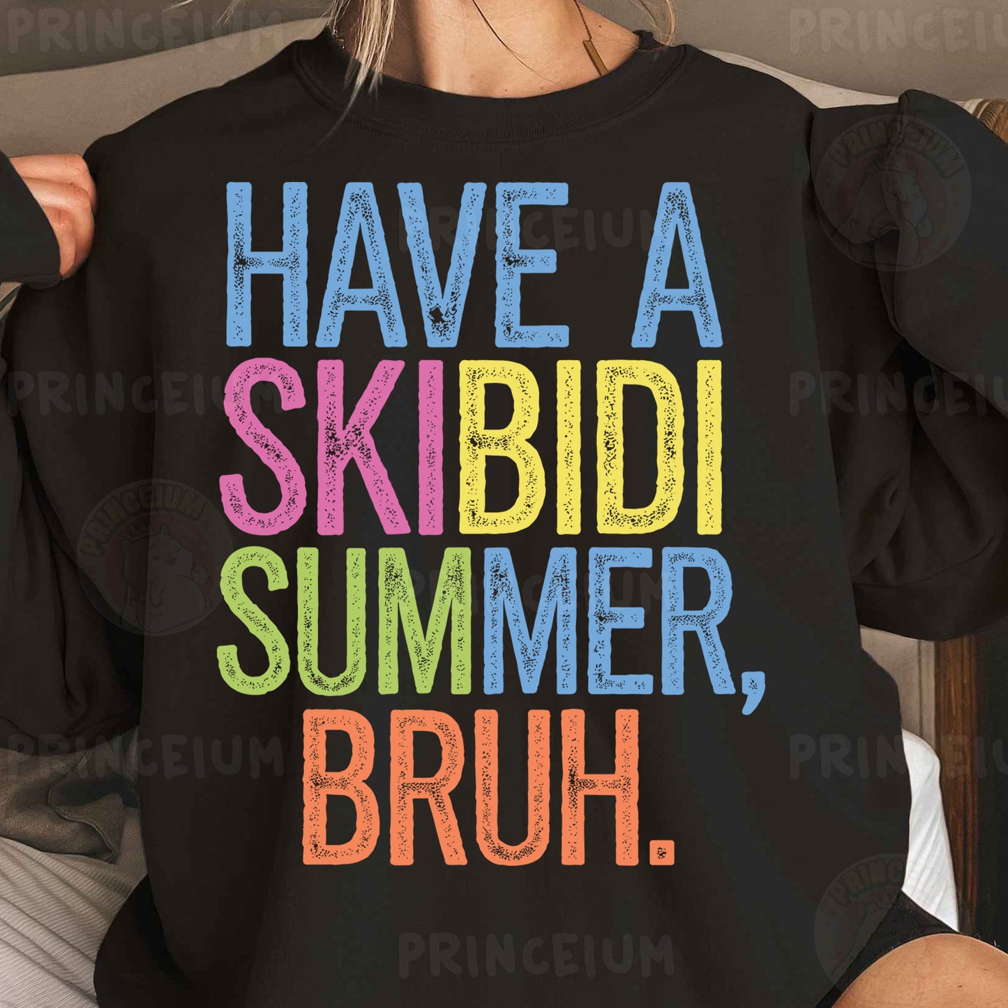 a woman wearing a black sweatshirt that says have a ski bid summer, bruh