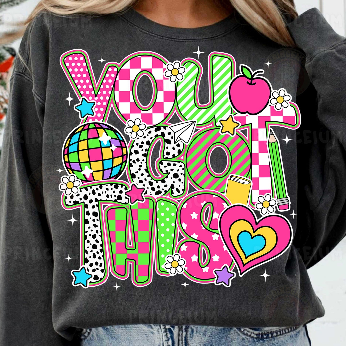 a woman wearing a sweatshirt that says you do this