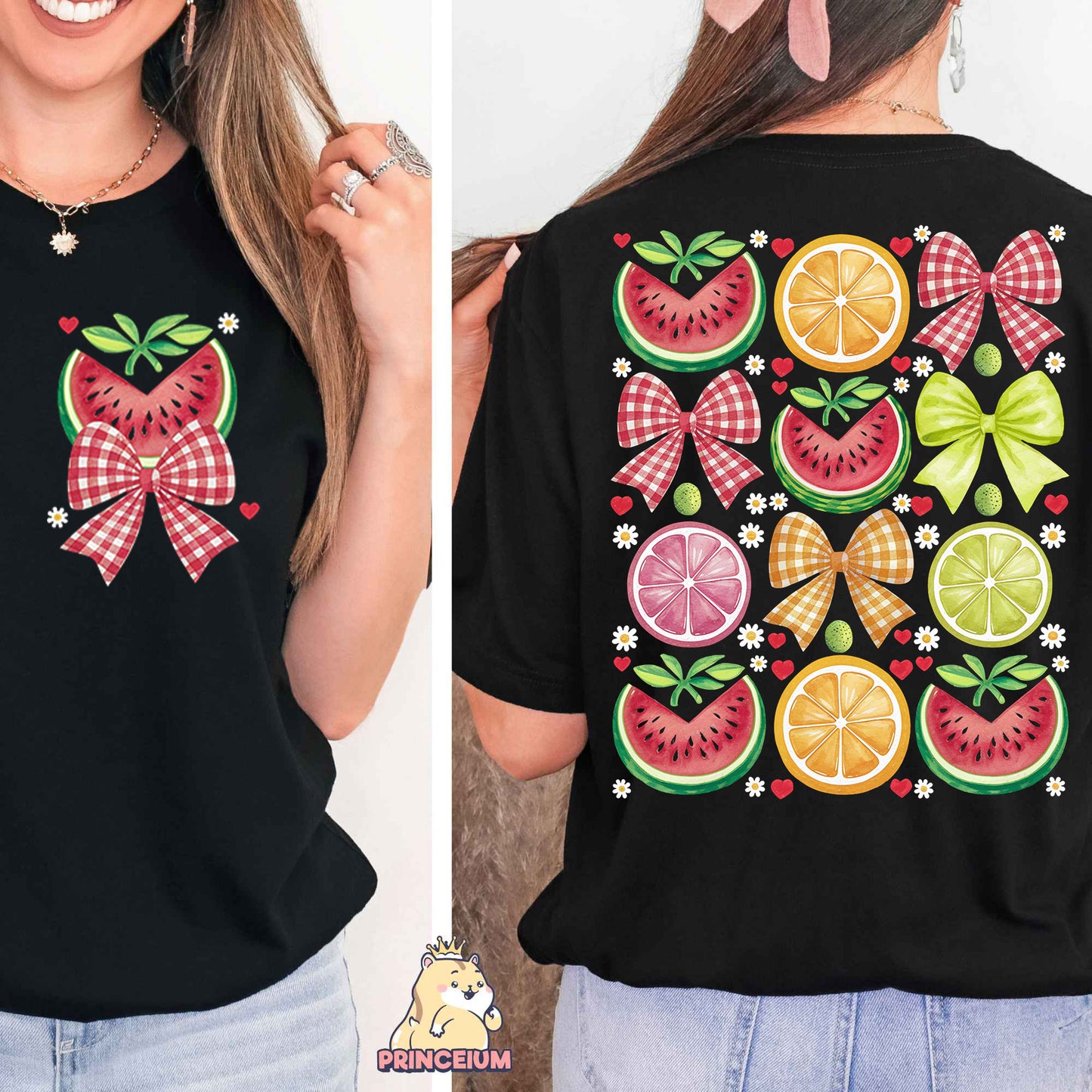 a woman wearing a black shirt with a bow and fruit design on it