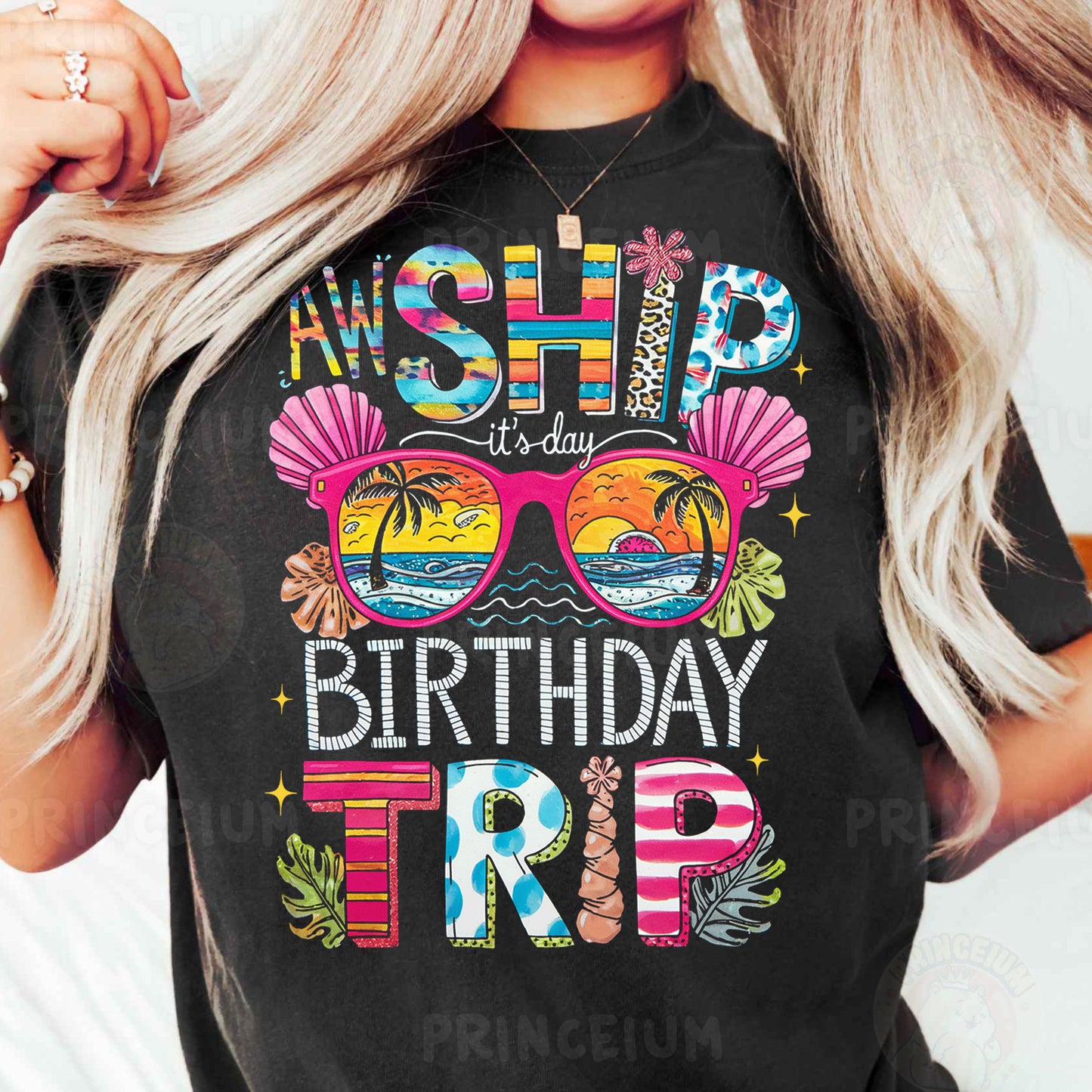 a woman wearing a black shirt that says, she is a happy birthday trip
