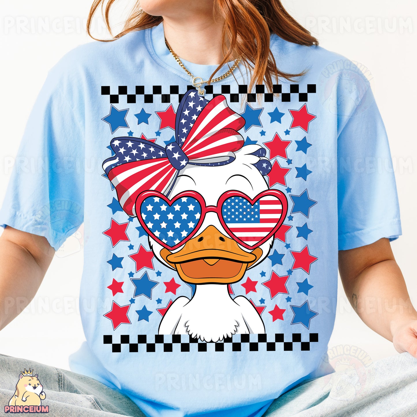 a woman wearing a blue shirt with a duck wearing sunglasses