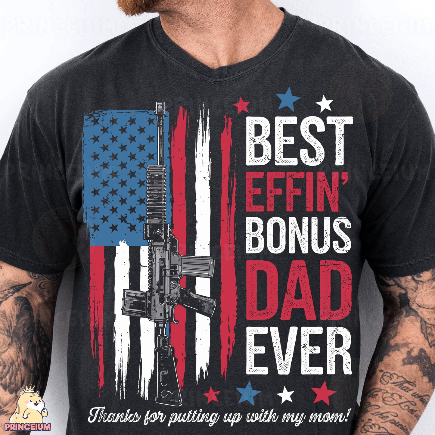 a man wearing a black shirt with a gun on it