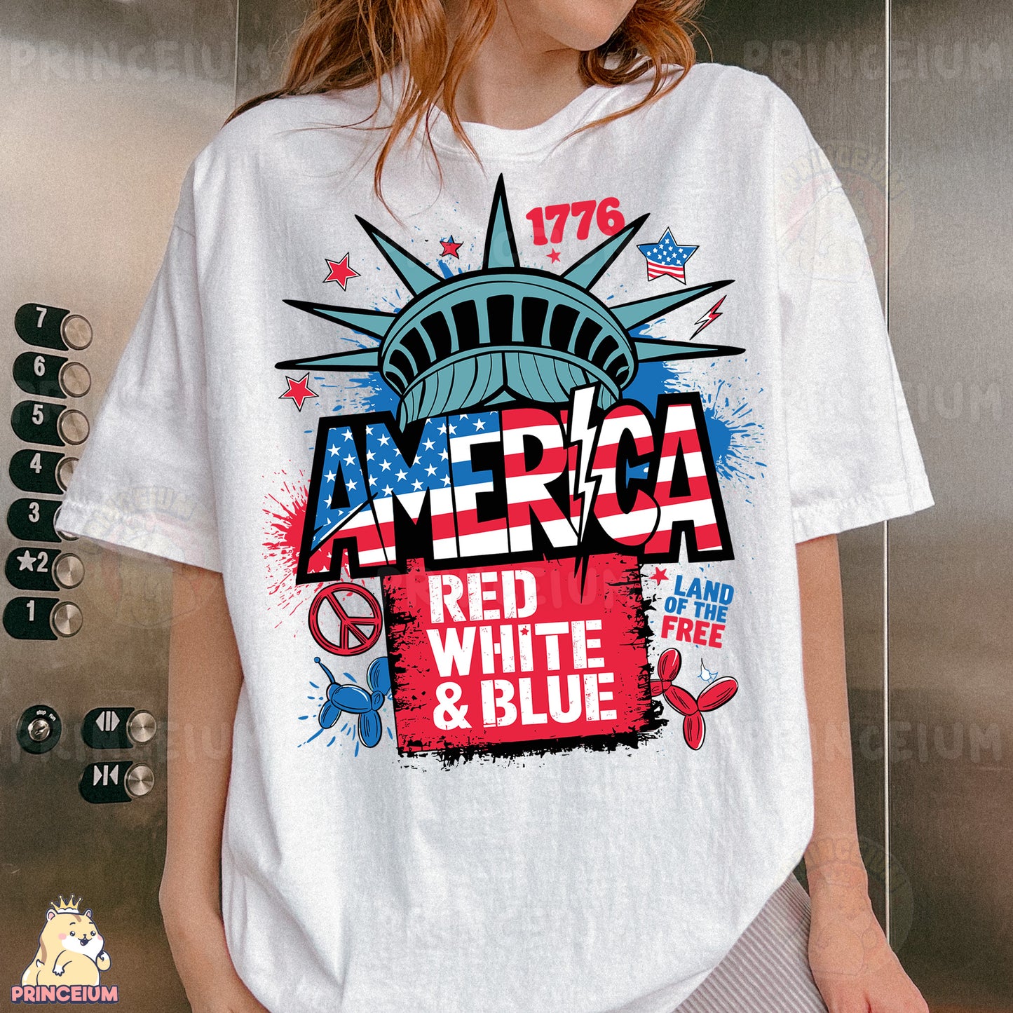 a woman wearing a t - shirt with the statue of liberty on it