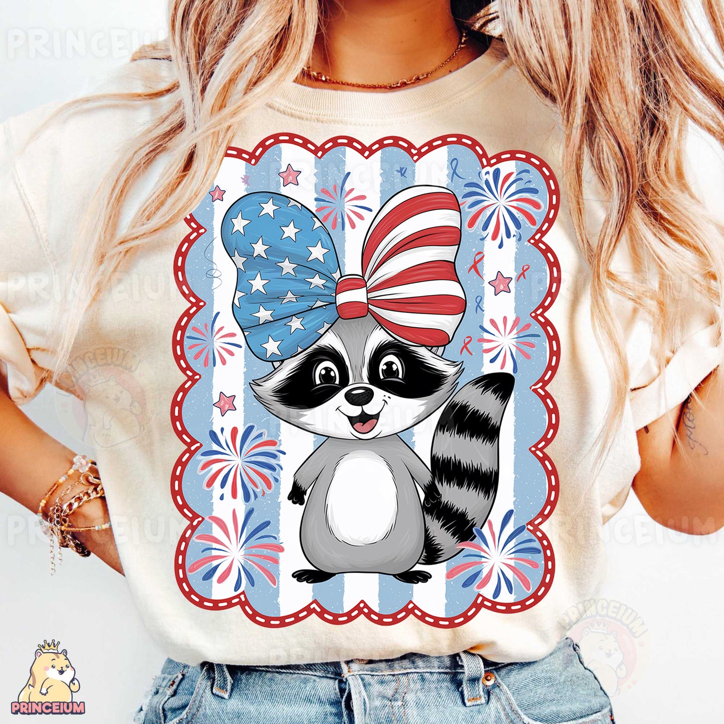 a woman wearing a patriotic shirt with a raccoon on it