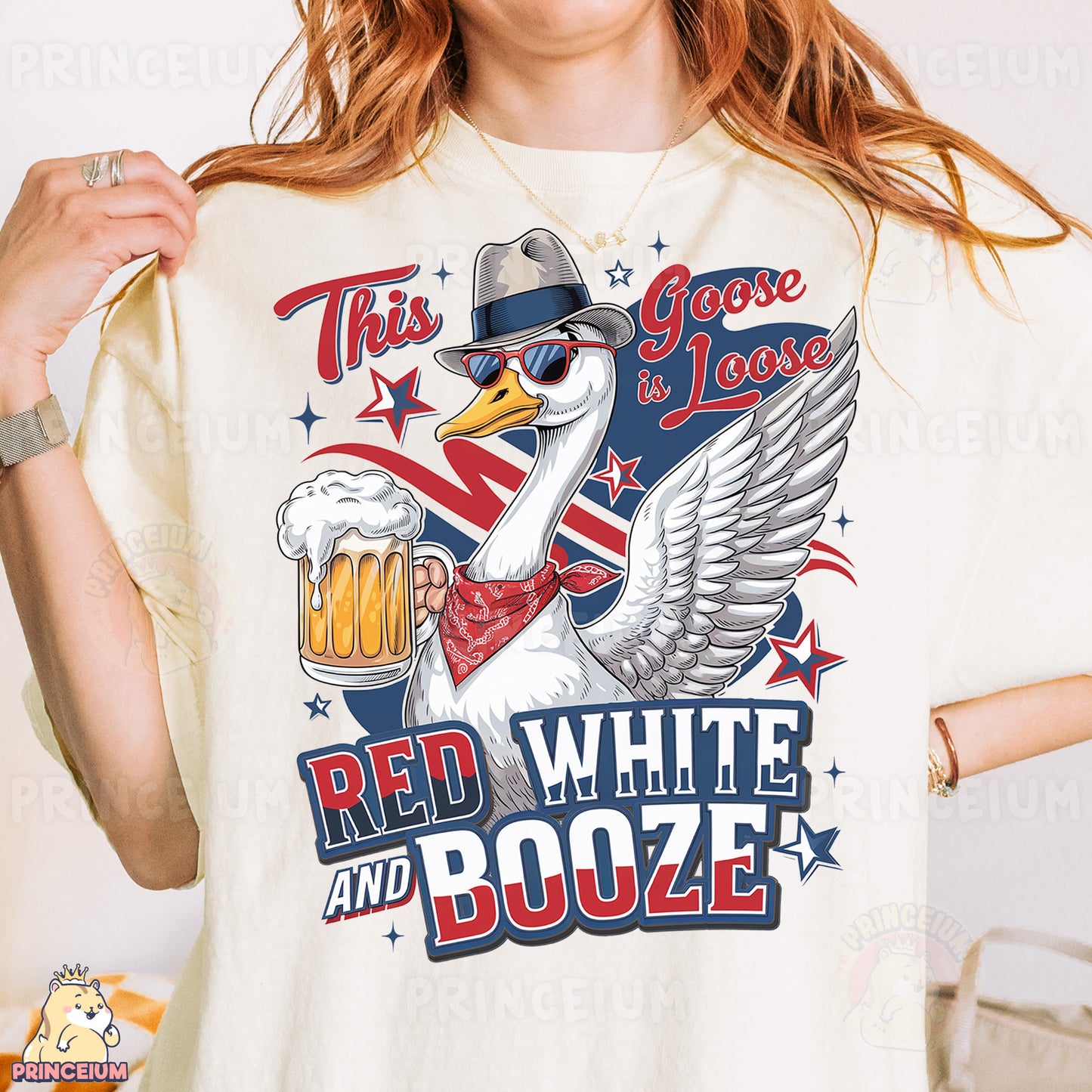 a woman wearing a red white and booze t - shirt