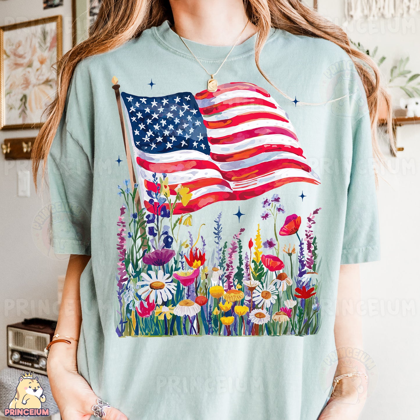 a woman wearing a t - shirt with an american flag on it