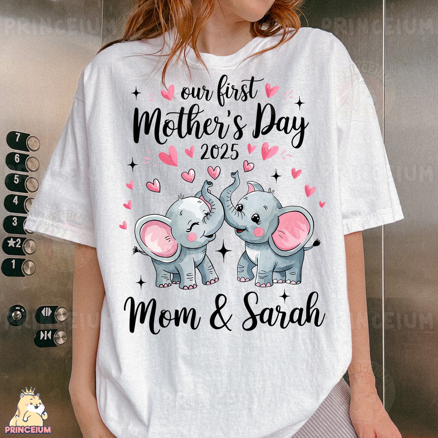 a woman wearing a t - shirt that says our first mother's day 2013