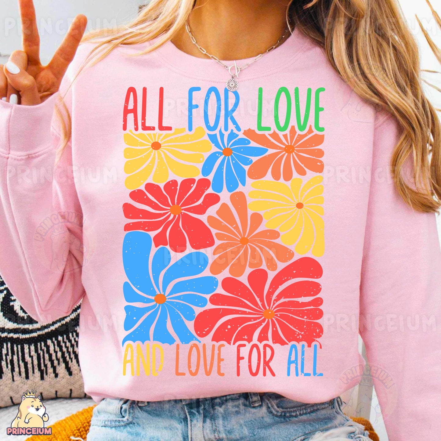 a woman wearing a pink shirt that says all for love and love for all