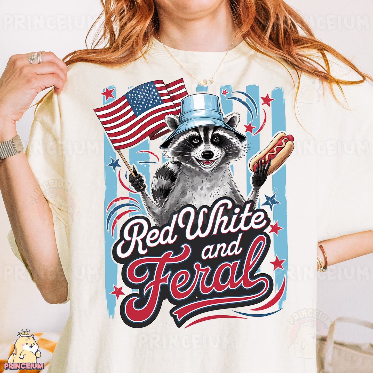 a woman wearing a red white and ferretal shirt