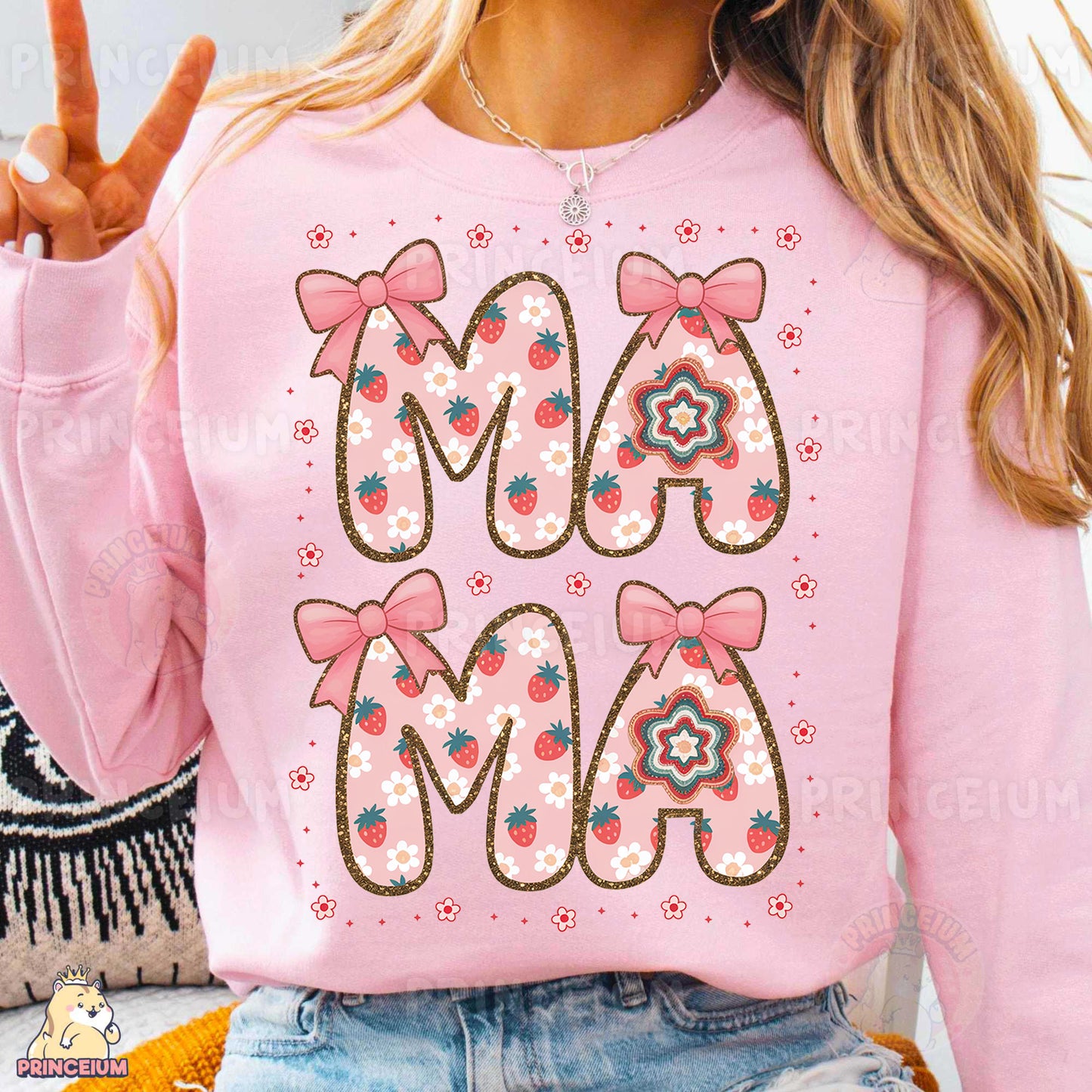 a woman wearing a pink sweater with a pink bow