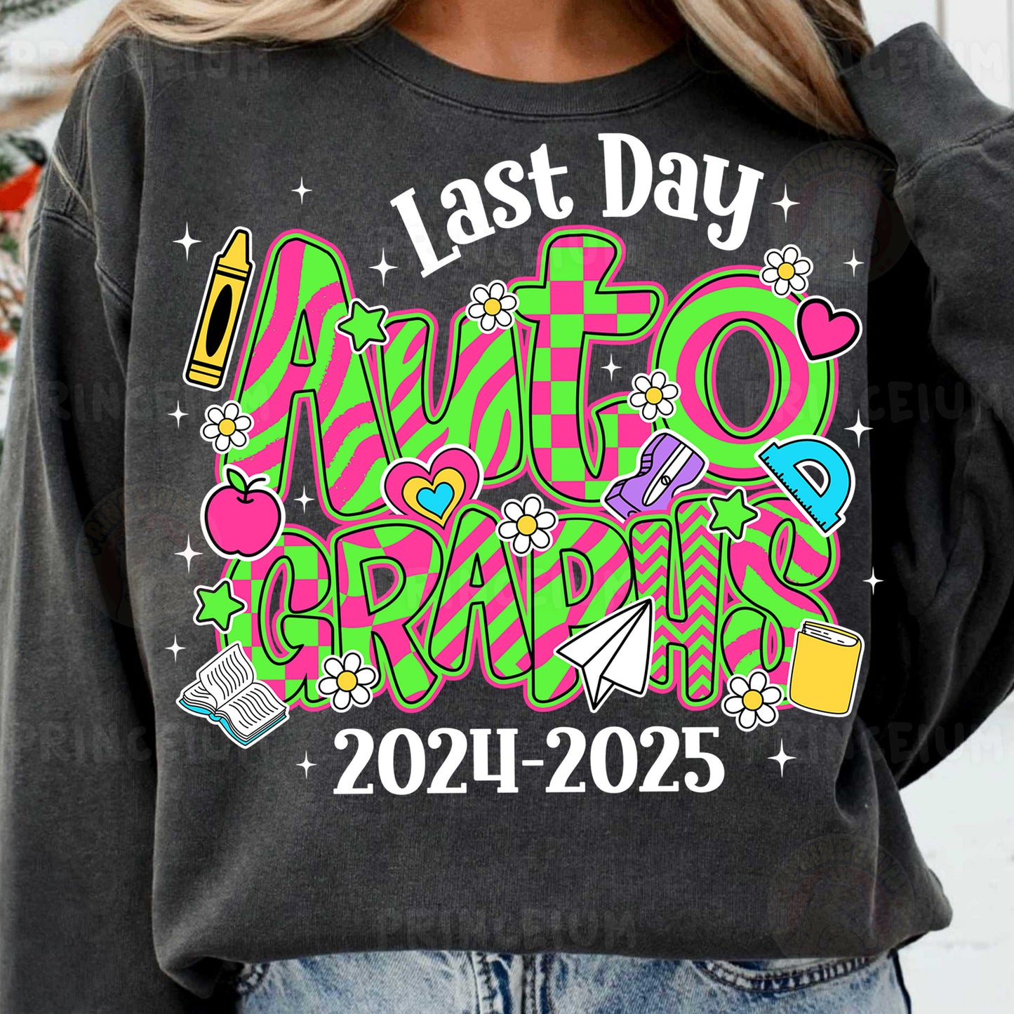 a woman wearing a black sweatshirt with the words'last day'printed on it