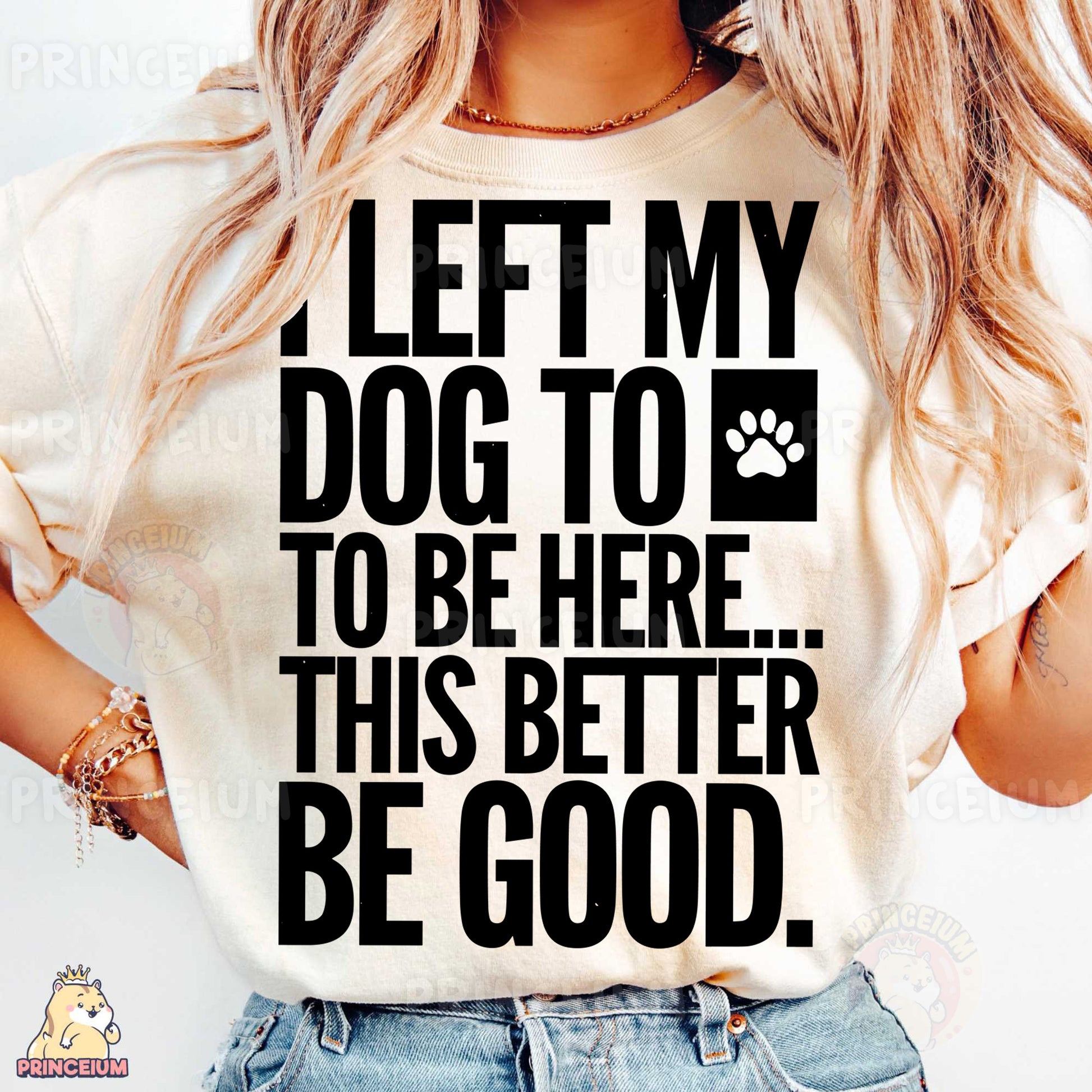 a woman wearing a t - shirt that says, let my dog to be here