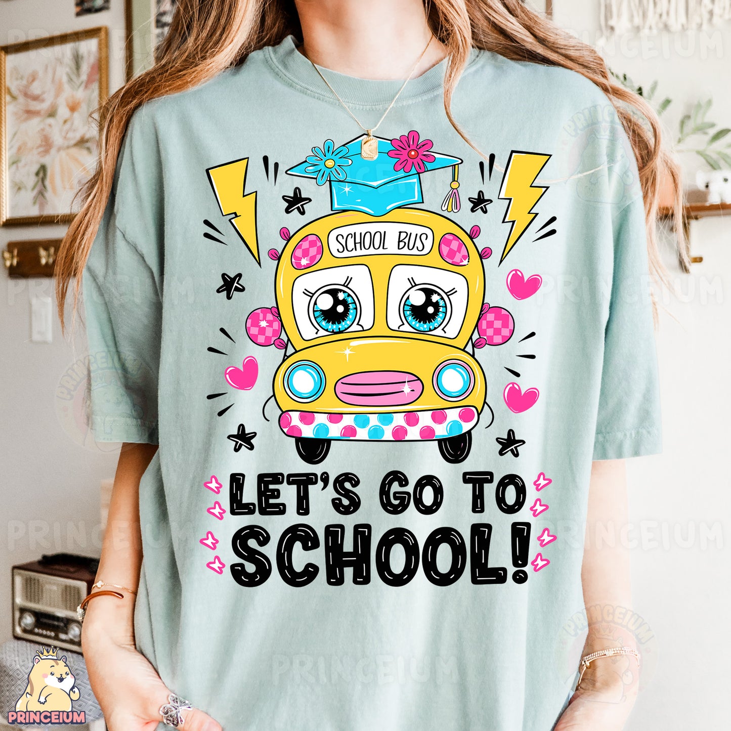 a girl wearing a t - shirt that says school bus let's go to
