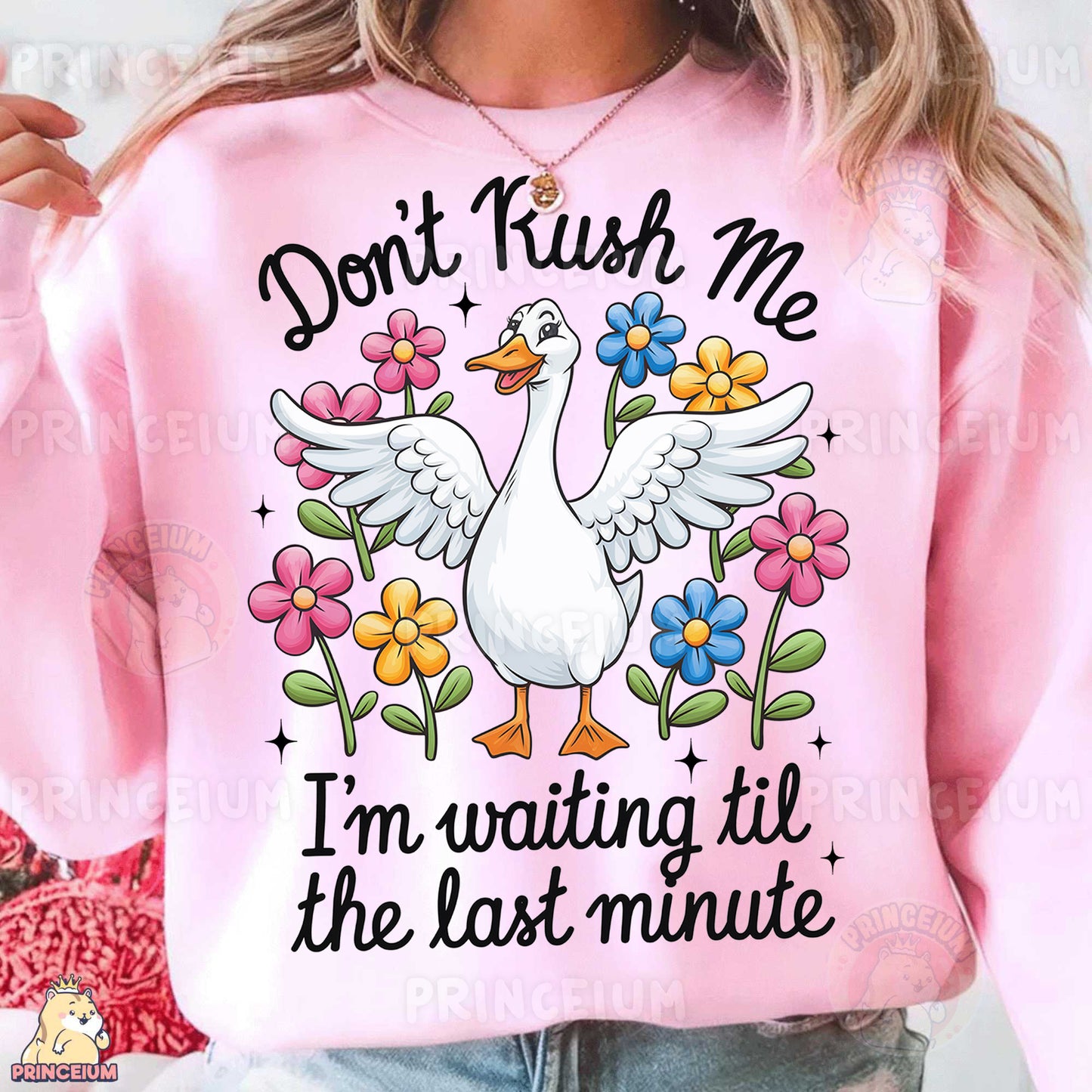 a woman wearing a pink sweatshirt that says don't rush me i'm