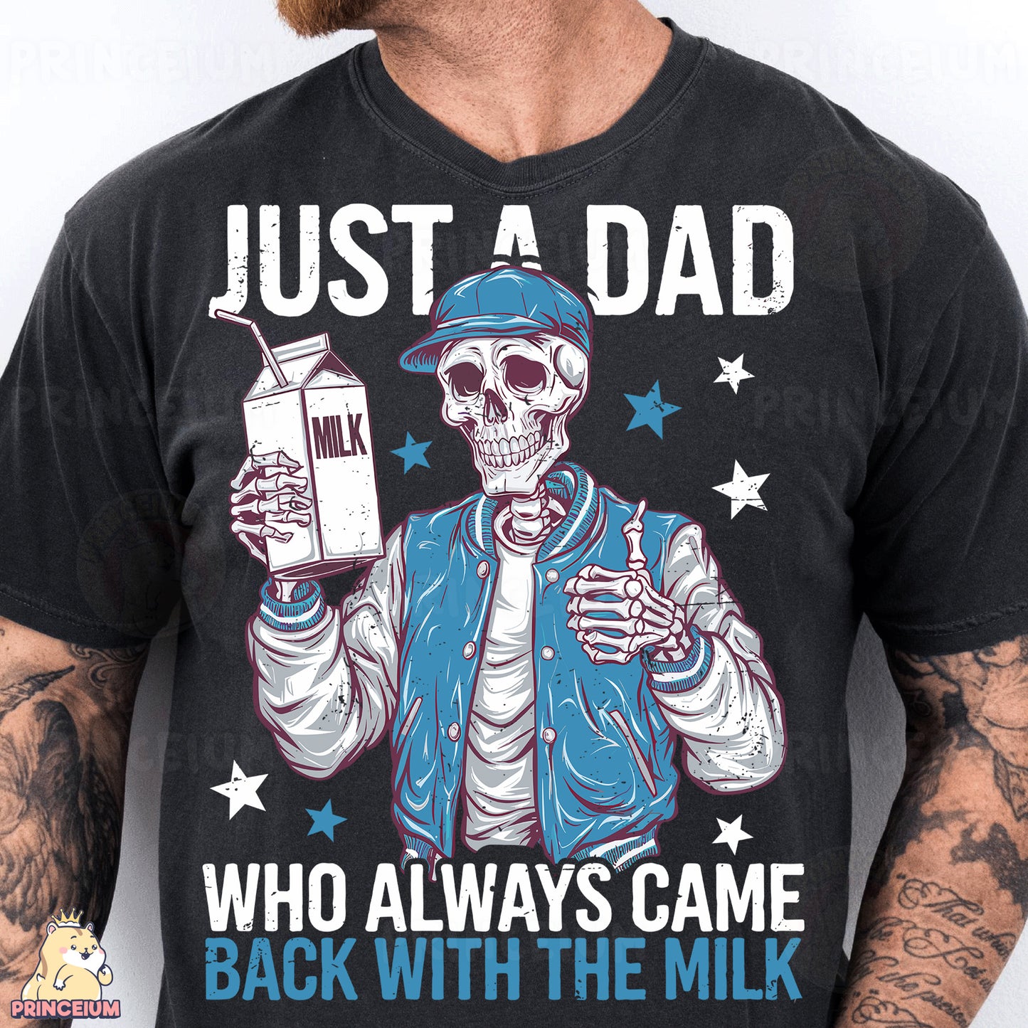 a man wearing a black shirt with a skull holding a milk carton