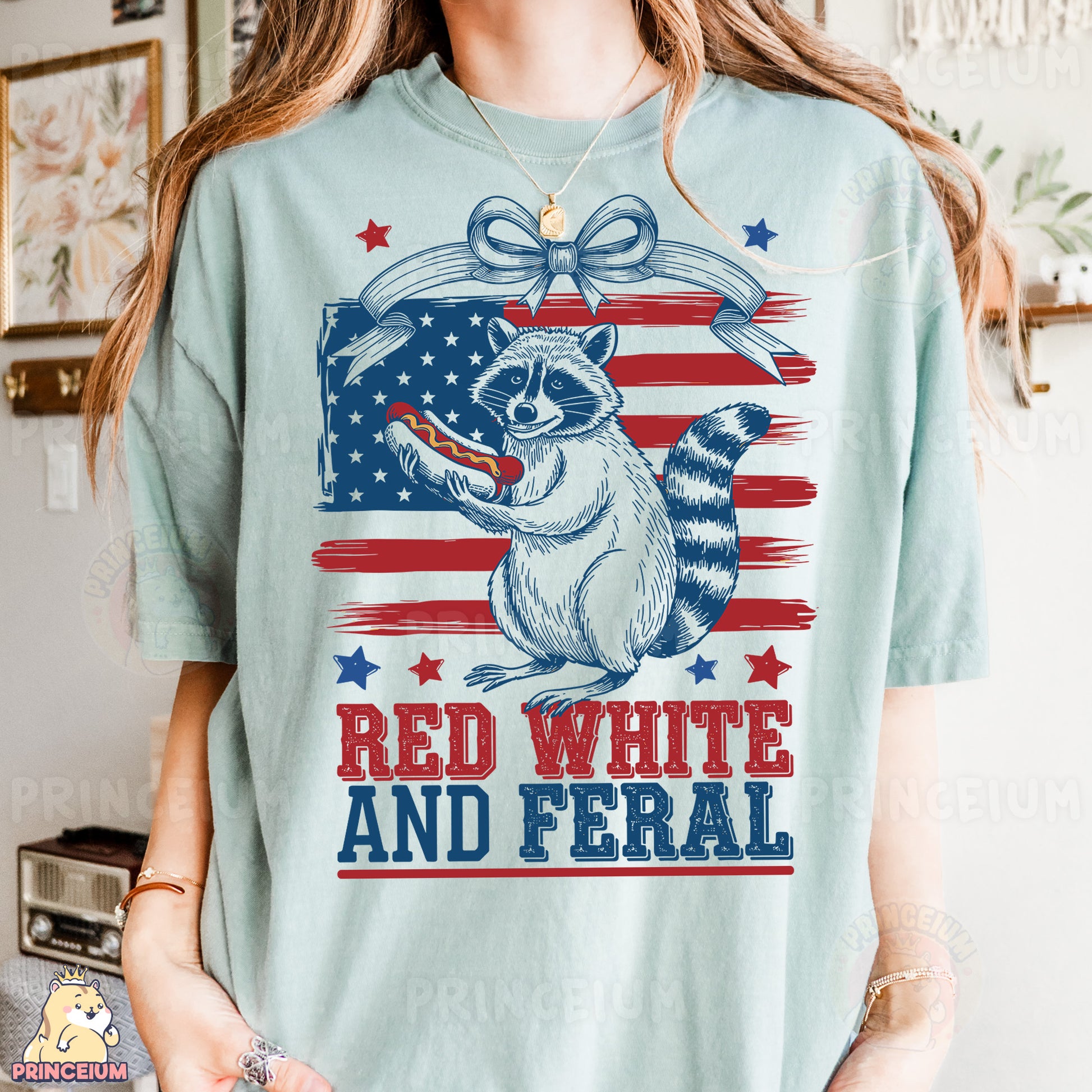 a woman wearing a red, white and fe ral t - shirt