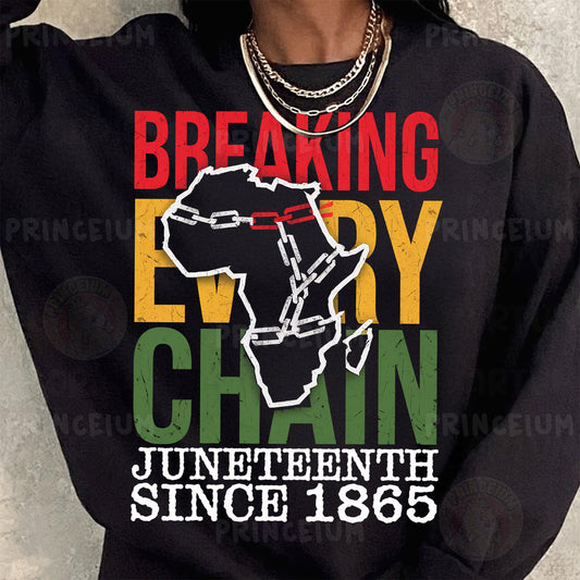 a woman wearing a black sweatshirt with the words breaking every chain on it