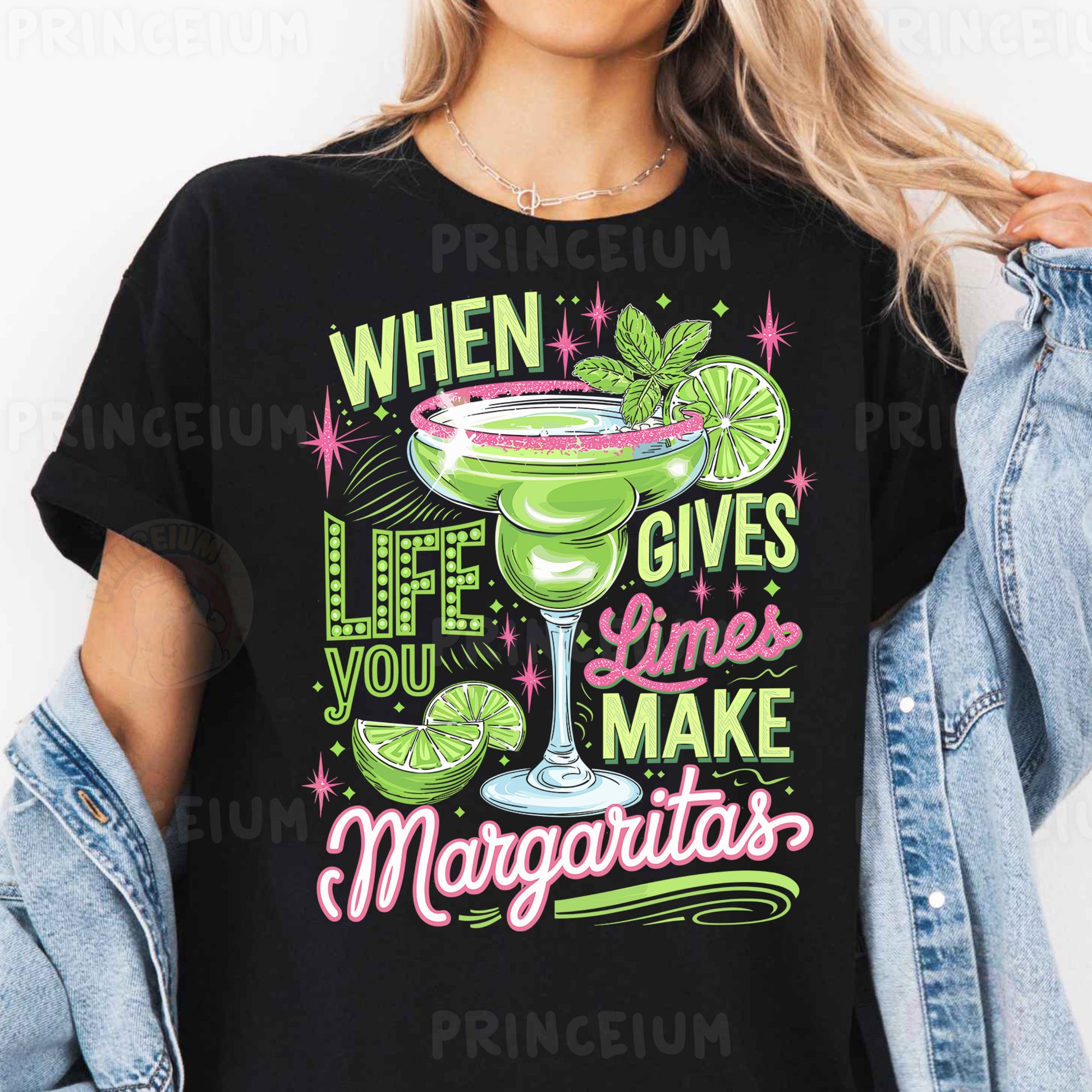 a woman wearing a t - shirt that says when life gives you limes make