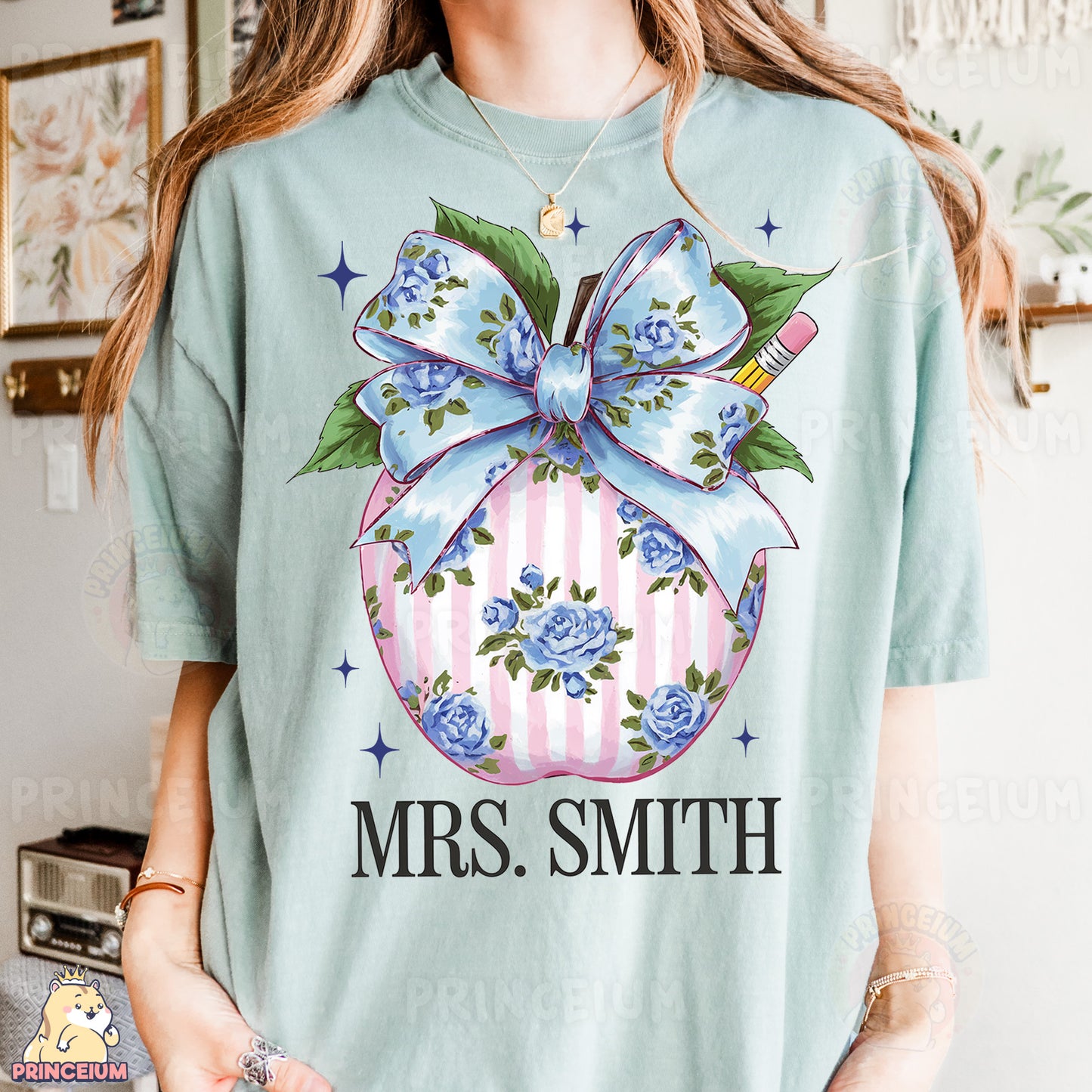 a woman wearing a t - shirt with a bow on it