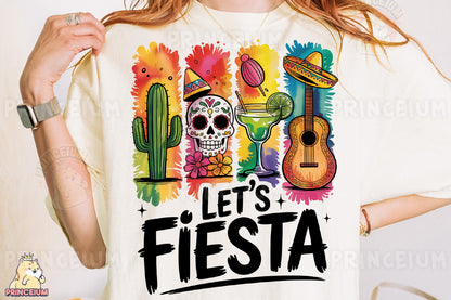 a woman wearing a t - shirt that says let's fiesta