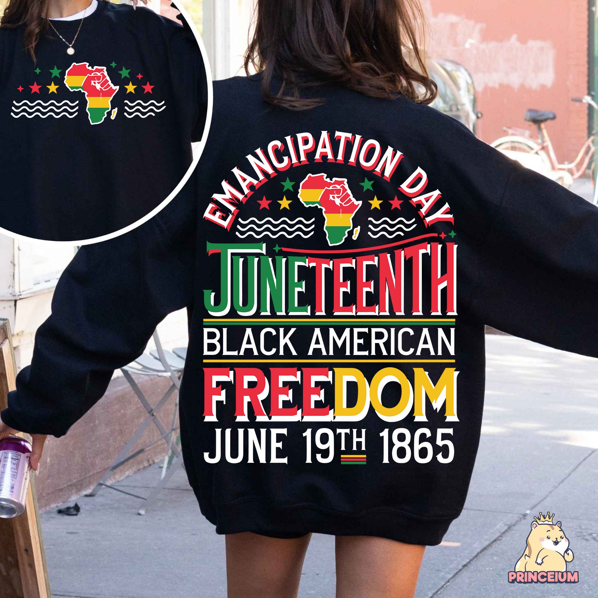 a woman wearing a black sweatshirt with the message black american freedom on it