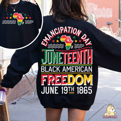 a woman wearing a black sweatshirt with the message black american freedom on it