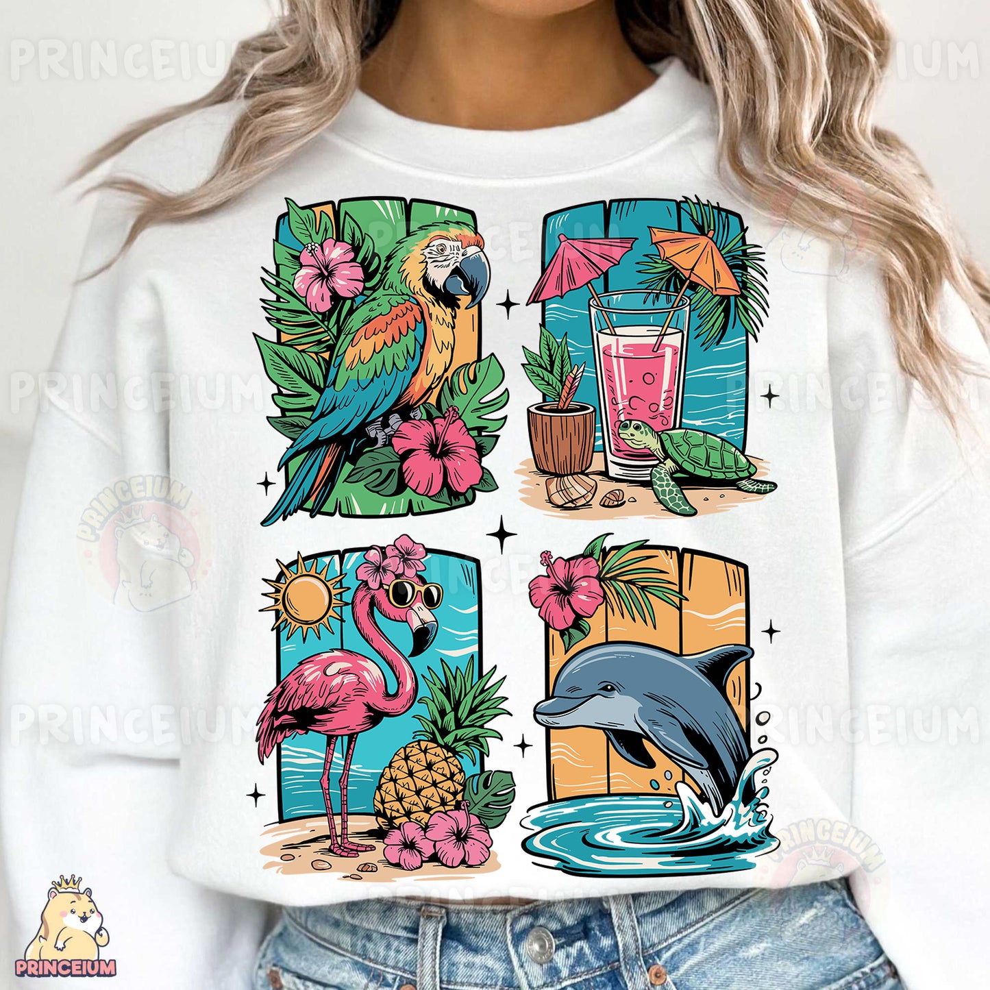 a woman wearing a white sweatshirt with tropical images on it