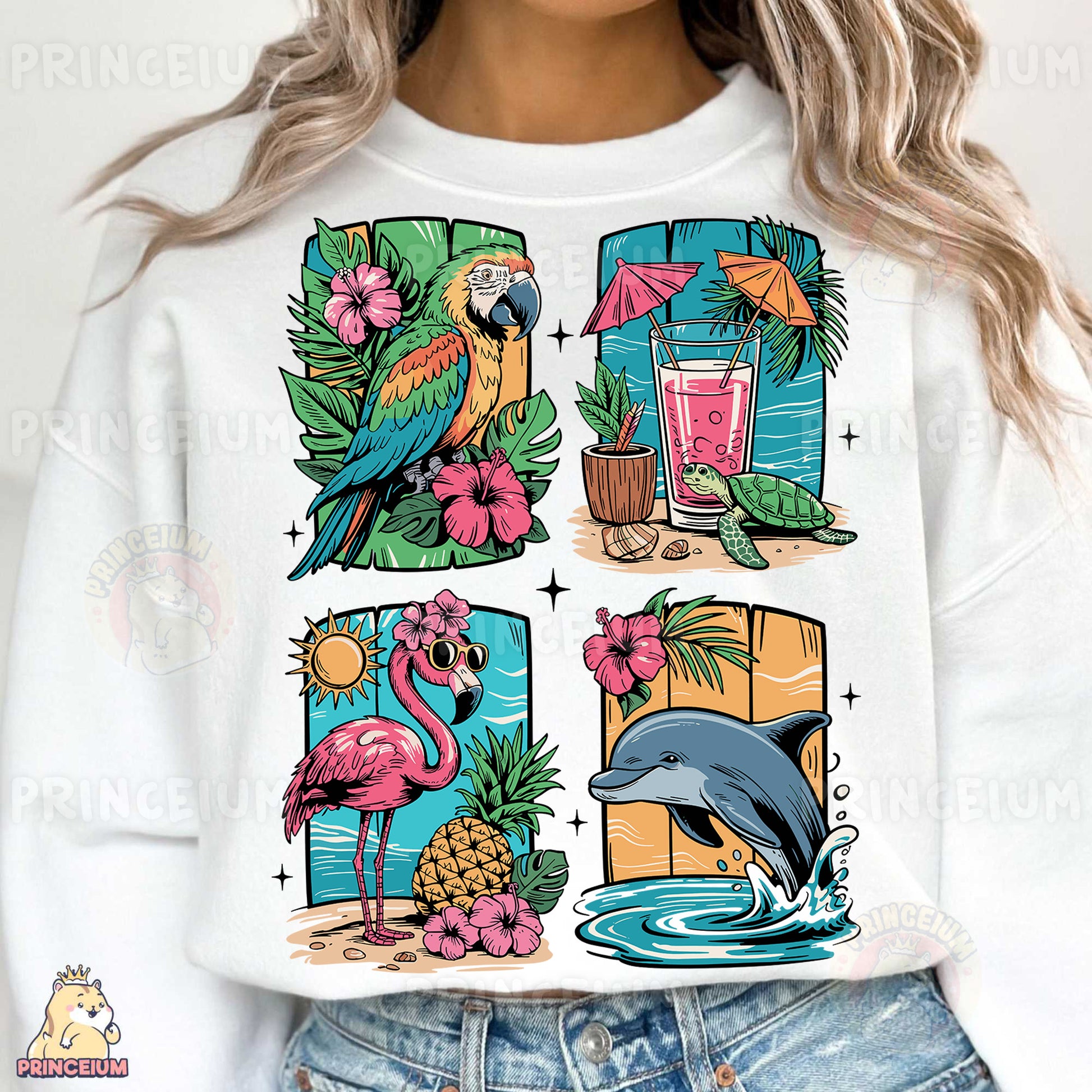 a woman wearing a white sweatshirt with tropical images on it