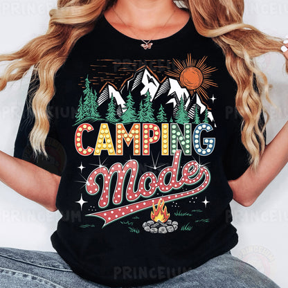 a woman wearing a black camping mode t - shirt